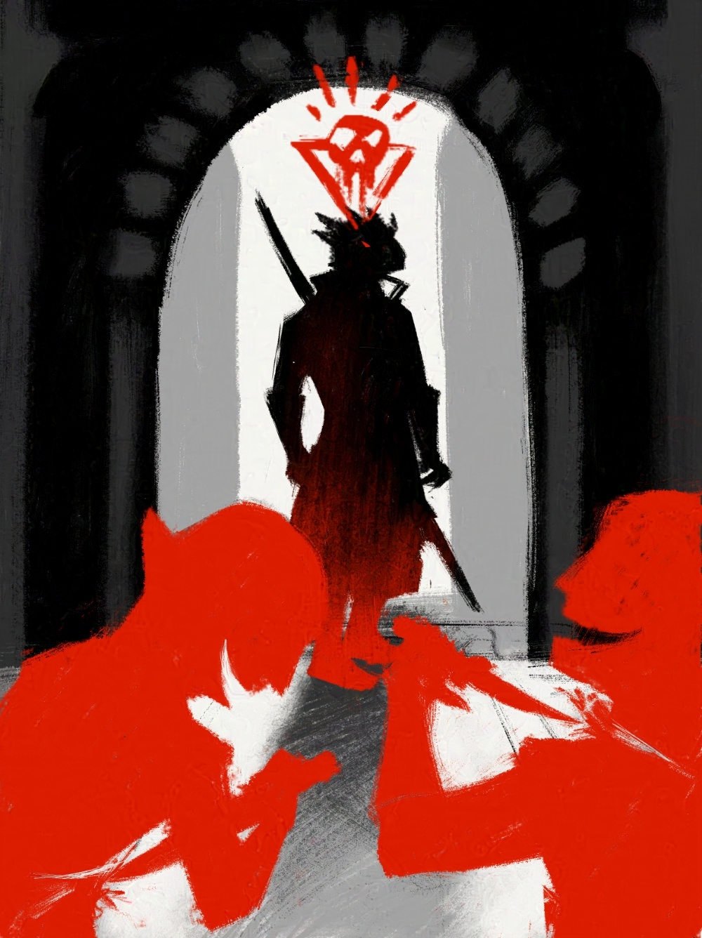 A dragonborn shrouded in shadow is standing in a doorway, backlit by the hallway outside. In the front, stylised figures of hobgoblins are stabbing themselves. The Absolute's logo is superimposed on the dragonborn.