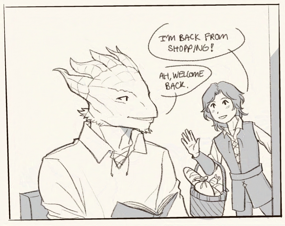 A young girl, Yenna, pops into the room ('I'm back from shopping!'). A dragonborn, Daamric, greets her with ('Ah, welcome back.')