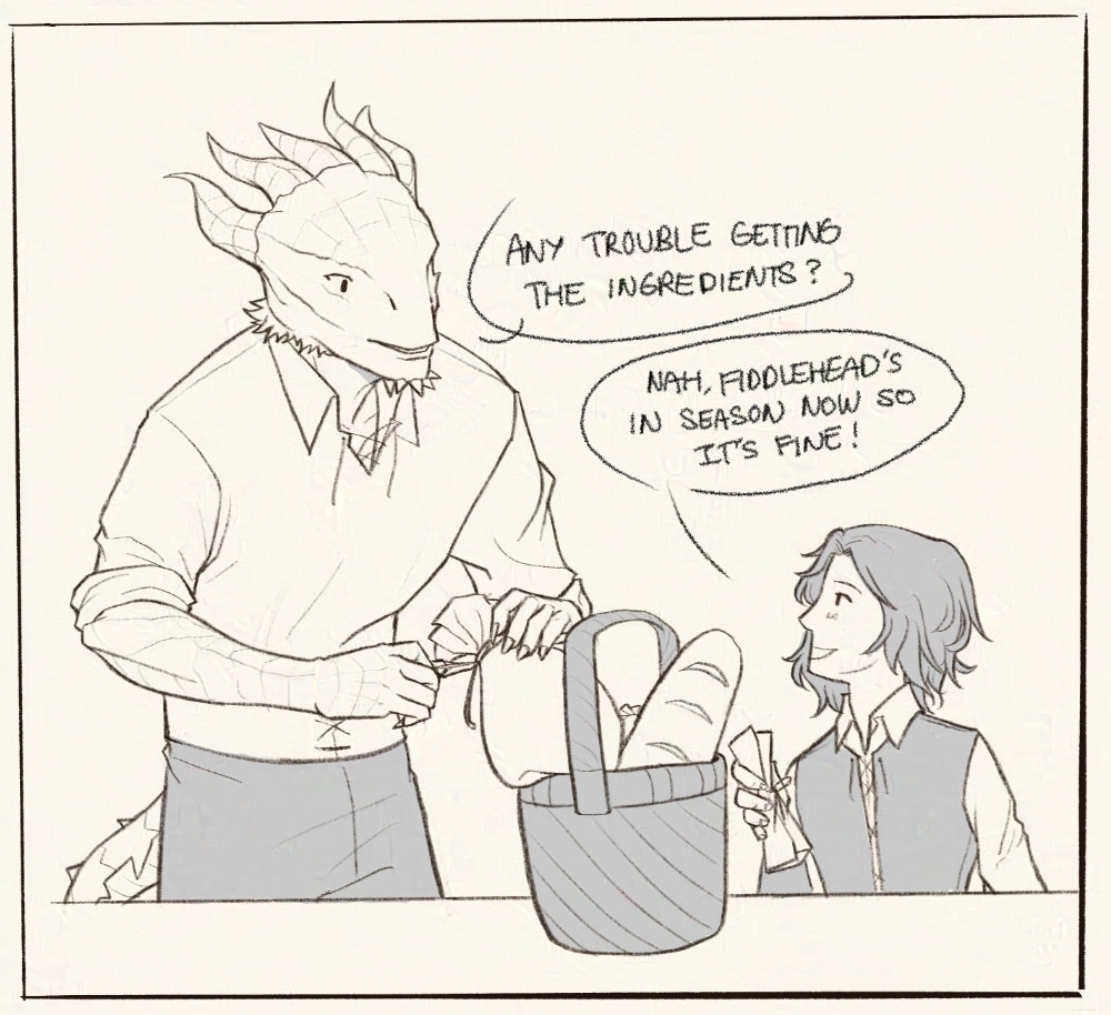 Daamric looks down at the basket Yenna brought in and helps unwrap it ('Any trouble getting the ingredients?'). Yenna replies ('Nah, fiddlehead's in season now so it's fine!').