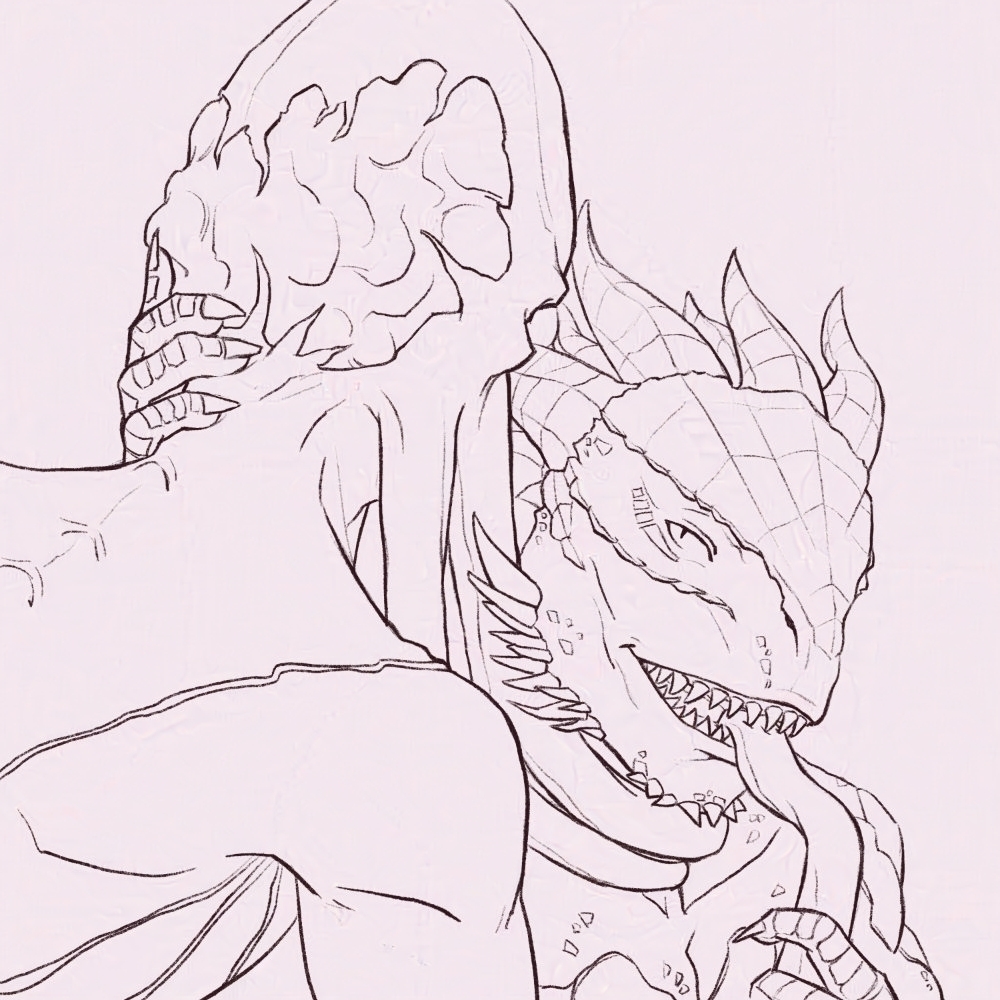 The Emperor leans over a dragonborn, tentacles wrapped around them. The dragonborn is looking up at him, smiling, about to bite down on a tentacle that's just about inside their mouth.