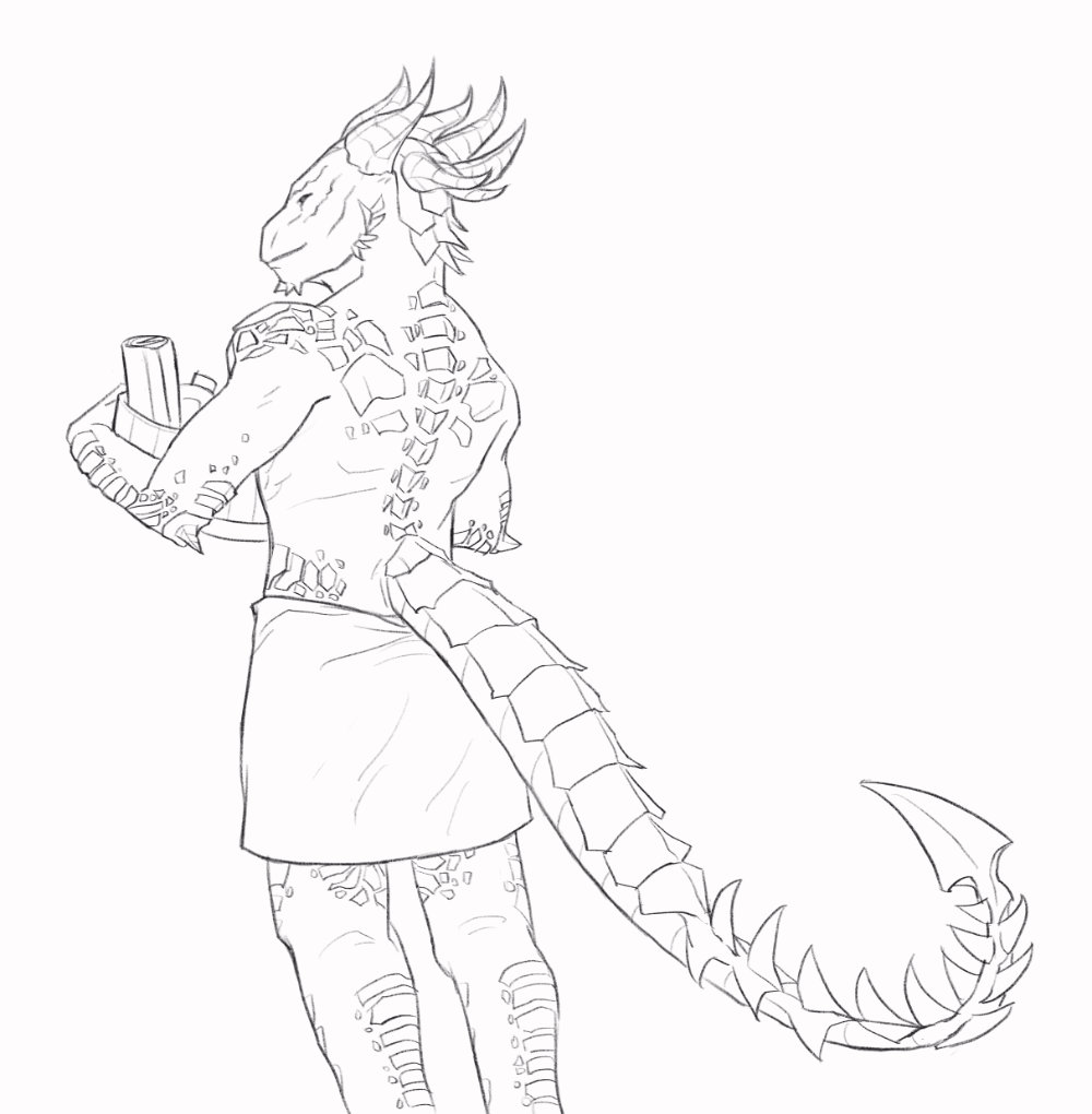 A dragonborn dressed with a towel around their waist, with their back facing mostly towards the viewer. They're holding a basket of bath items.