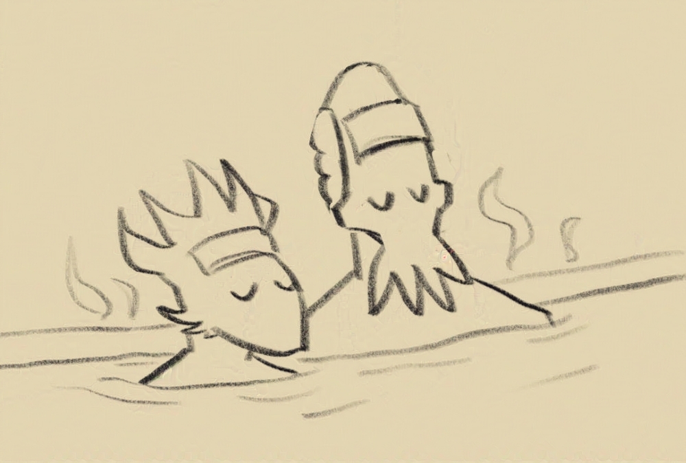 A chibi drawing of both the Emperor and the dragonborn soaking and relaxing in the pool with towels folded on their foreheads.