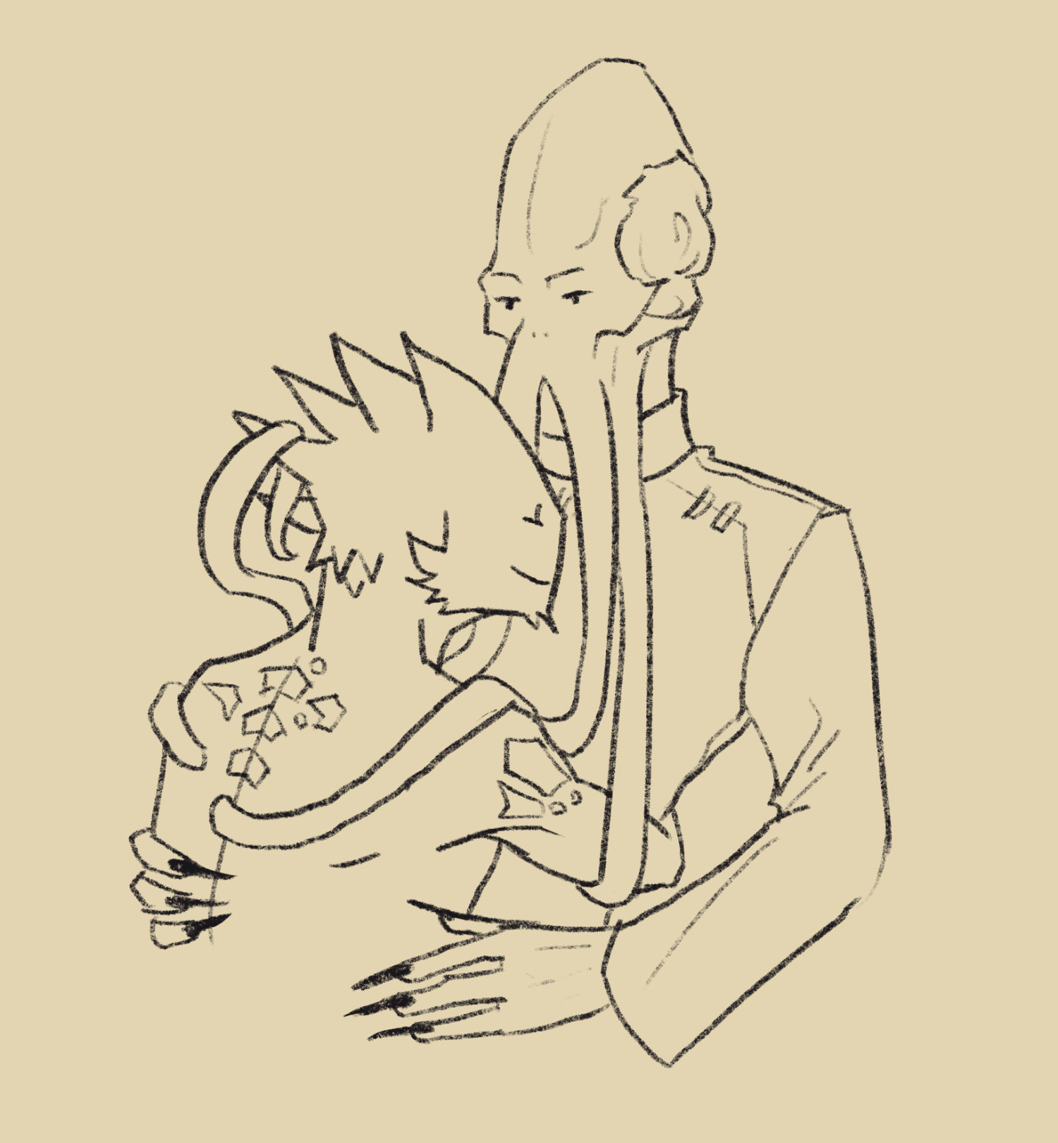 A dragonborn hugging an illithid. They look content.