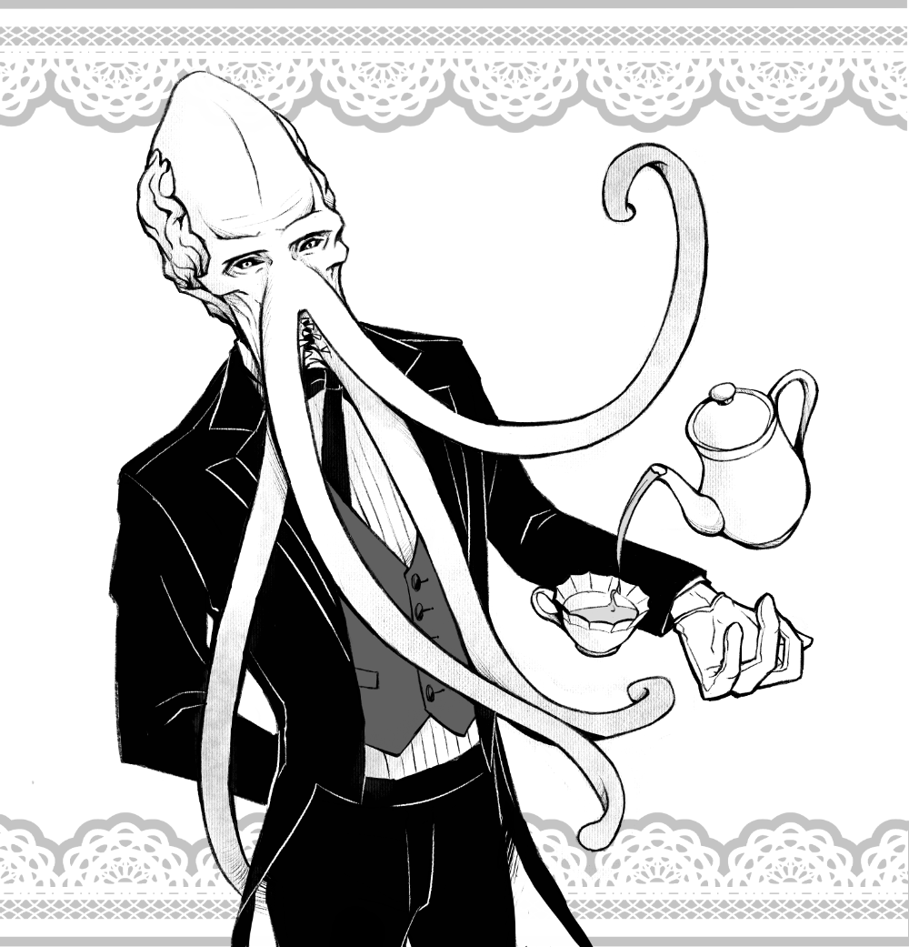 The Emperor in a dapper butler outfit, pouring a cup of tea.