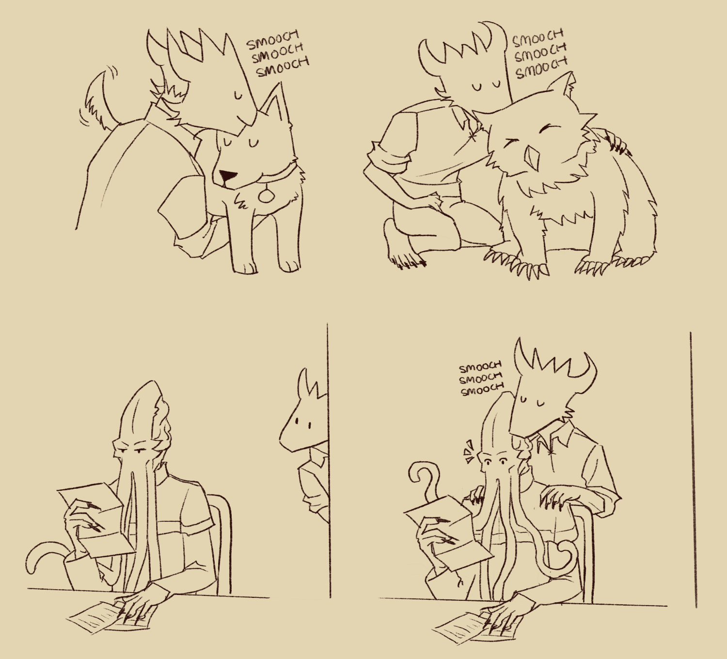 A four panel comic. The first panel has Daamric (a Dragonborn) kissing the top of Scratch's head. In the second panel, Daamric kisses the top of the owlbear cub's head. The third panel shows the Emperor sitting down reading a letter, while Daamric is in the back looking in. The fourth panel shows Daamric kissing the top of the Emperor's head and the latter is surprised by the sudden kisses.