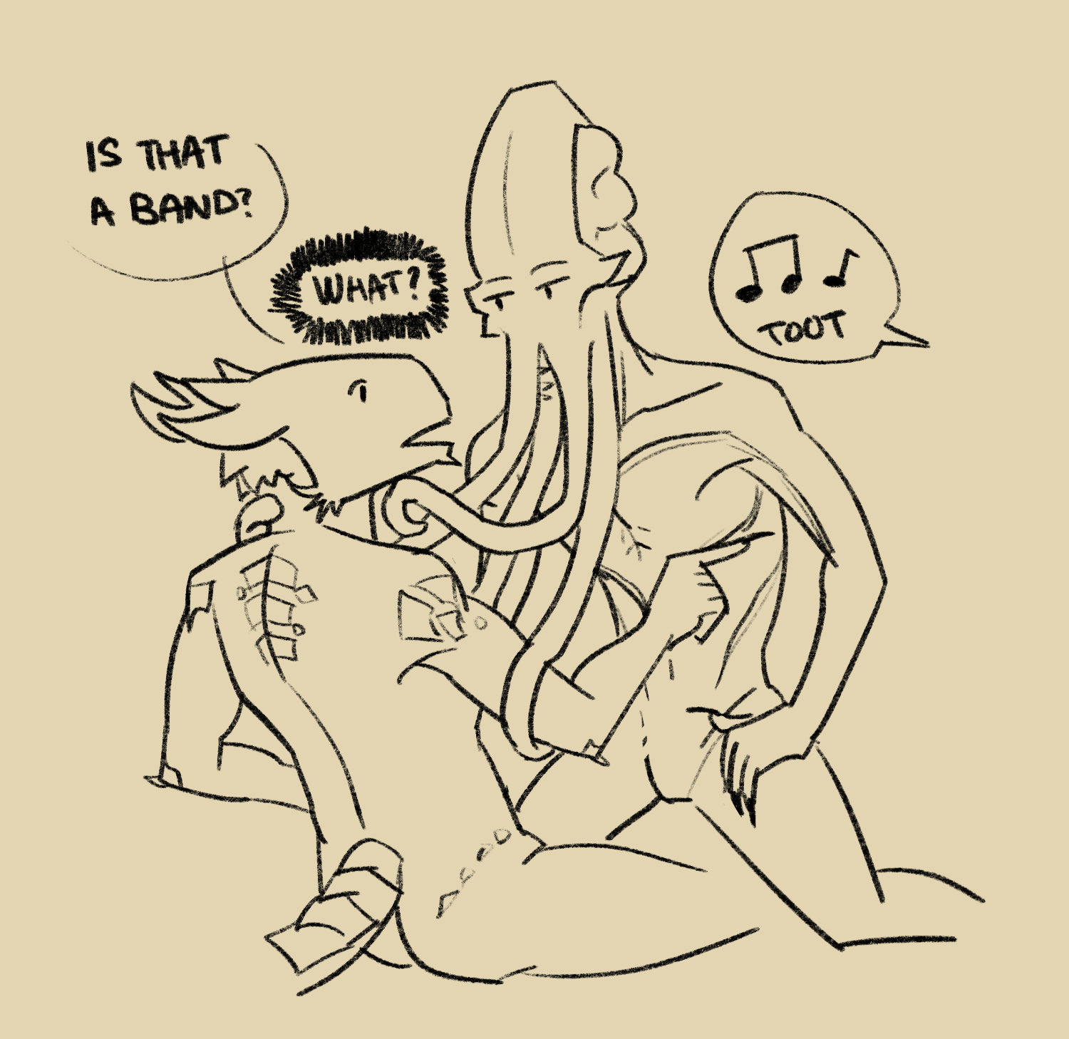Daamric and the Emperor are naked and about to smooch, but Daamric points at something offscreen with: 'Is that a band?' The Emperor, looking at Daamric, goes: 'What?'. In the distance, there is a distant musical toot.