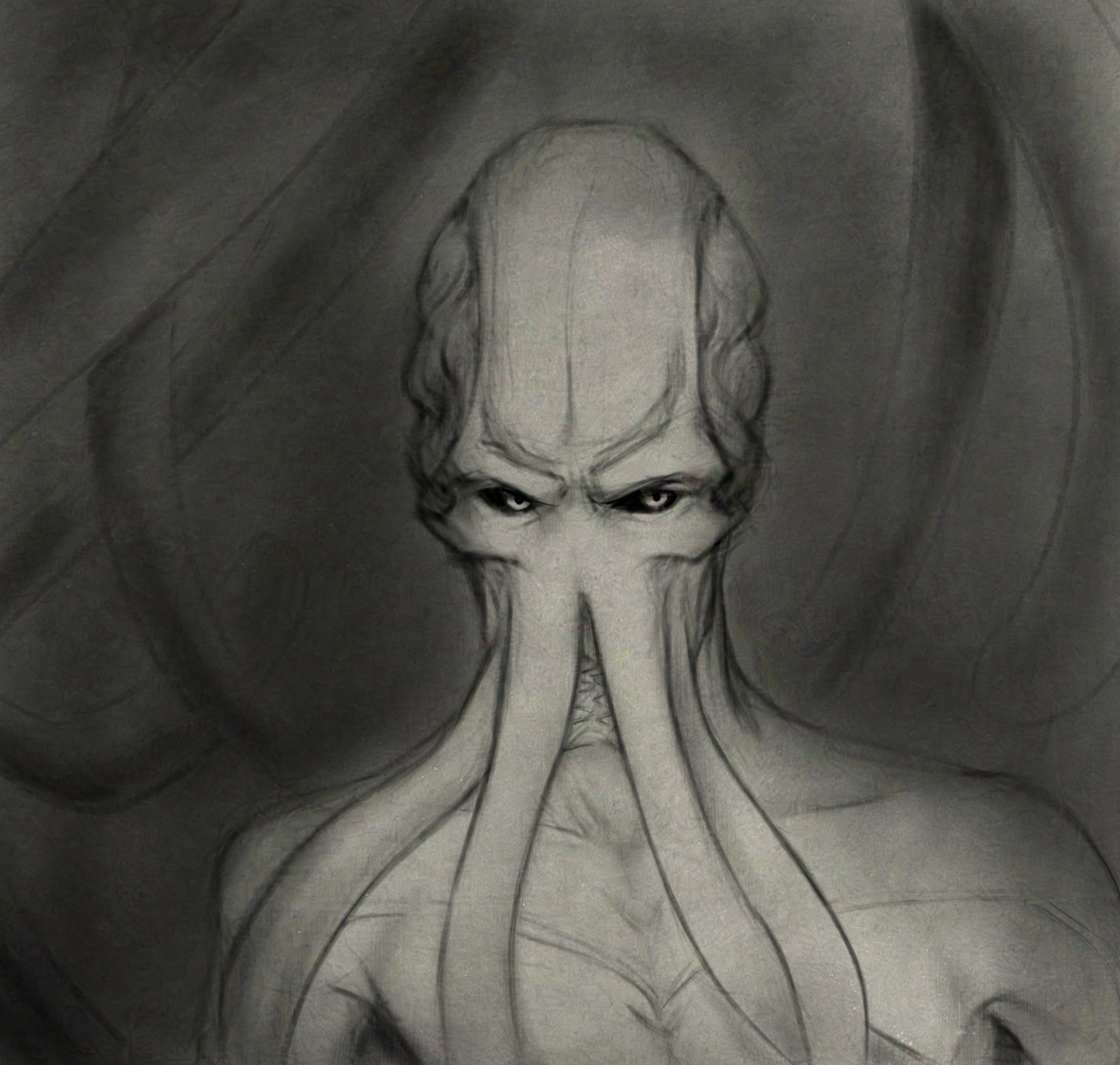 A soft shaded black and white drawing of the Emperor. He looks out from the dark with tentacles in the background.