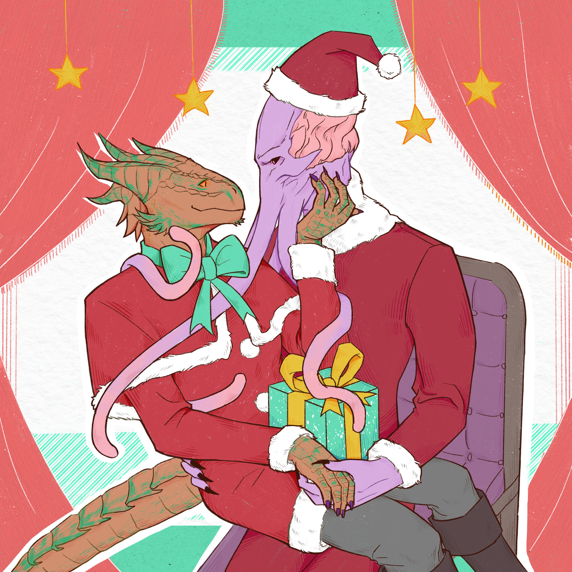 Daamric (a bronze Dragonborn) and the Emperor are dressed in Christmas-style red outfits. Daamric is sitting on the Emperor's lap with a present on his lap. They're looking lovingly at each other.