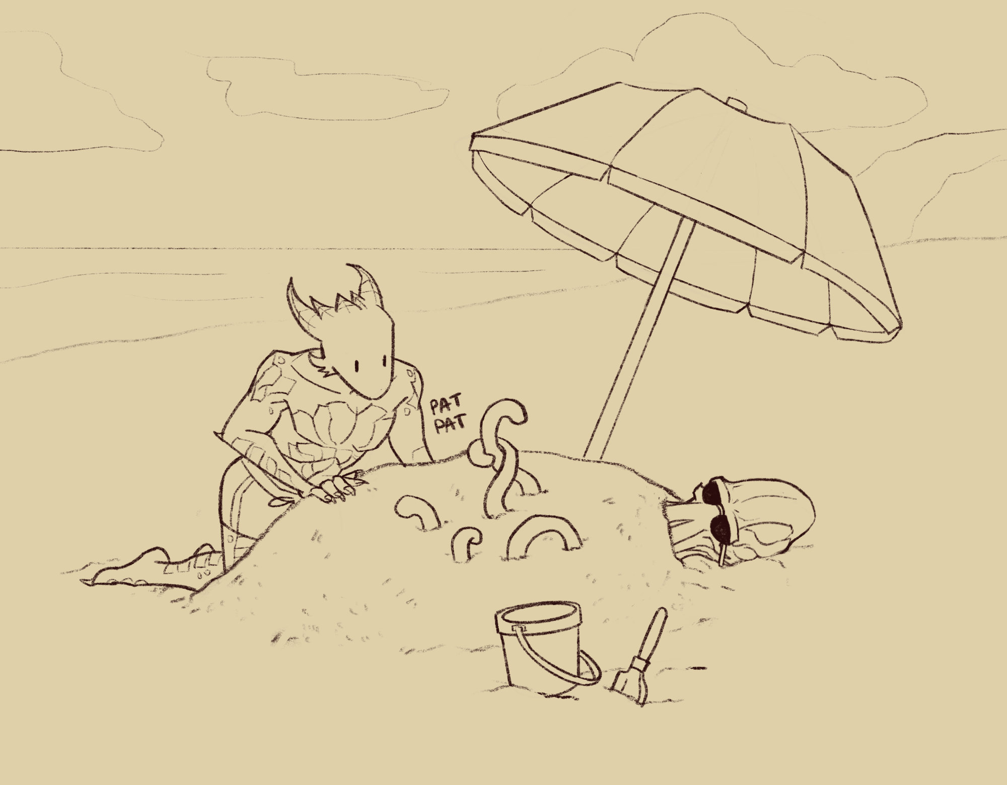 Daamric (a bronze Dragonborn) and the Emperor are at the beach. The Emperor is buried under a sand pile with its tentacles sticking out in the middle, while Daamric is patting the sand pile. There's a giant beach umbrella shading the Emperor.
