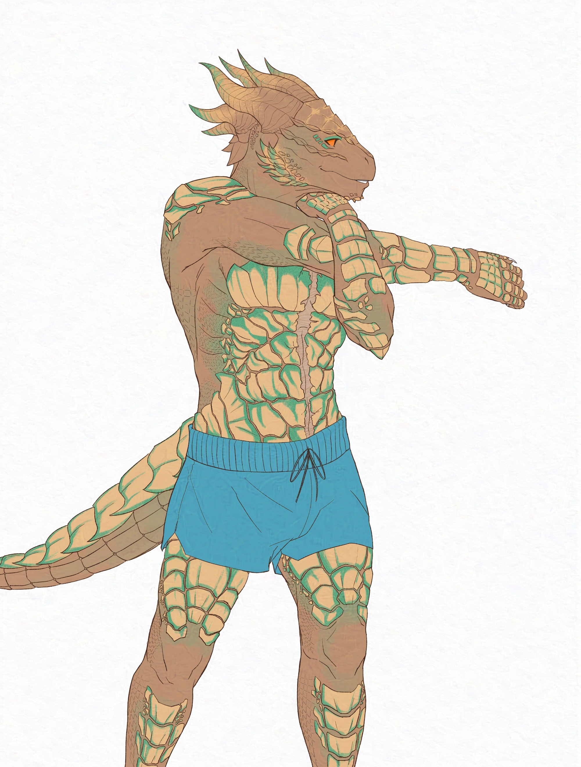 Daamric (a bronze Dragonborn) is doing warm up excercise by stretching his left arm, hooked by his right arm. He's looking towards the side. He's dressed in green shorts.