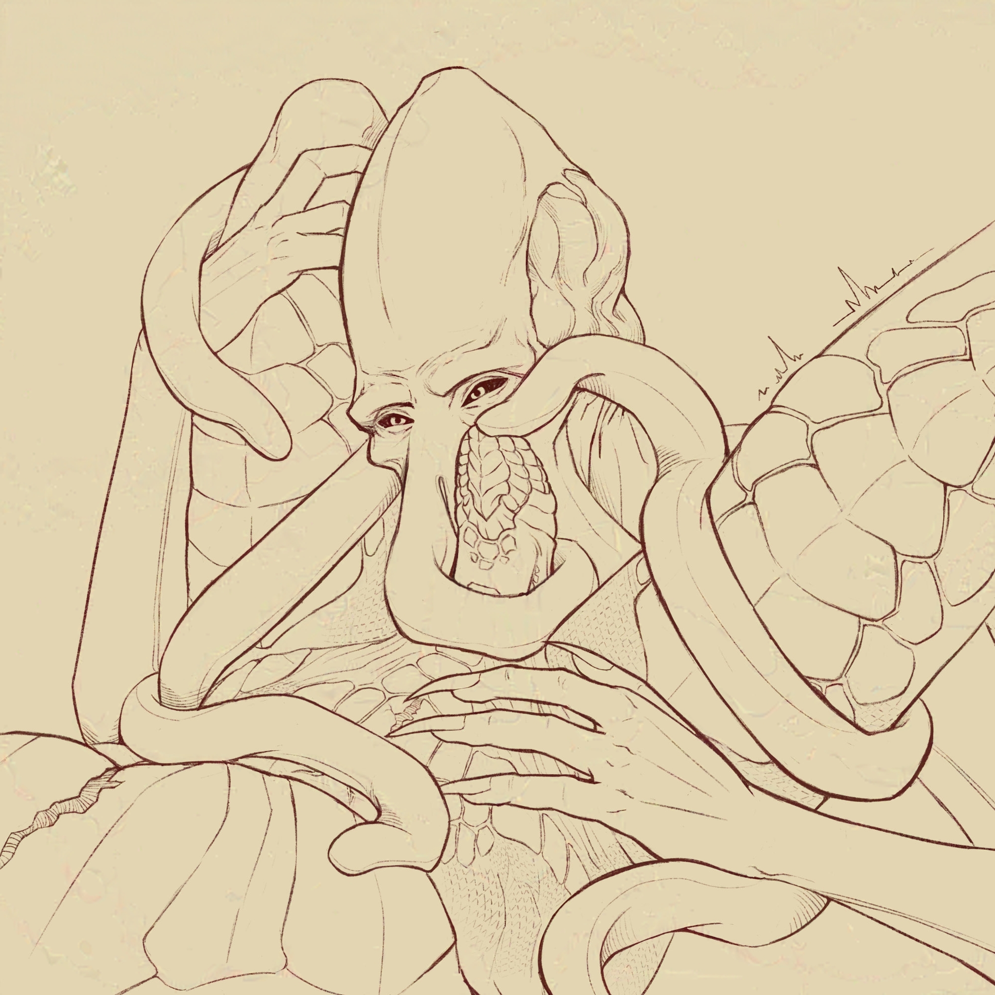 The Emperor has its tentacles coiled around Daamric's legs and cock, and they're both nude. A tentacle touches the tip teasingly with a mischievous look.