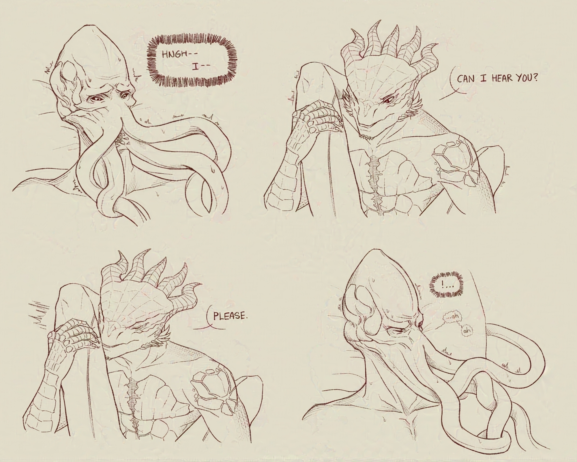 Sketches forming a mini-comic of four panels. 1st panel: The Emperor's face is flustered, and it stutters: 'Hnngh-- I--'. 2nd panel: Daamric looks down at the Emperor, with the latter's thigh over his shoulder and the other one tucked through the other arm. Daamric's expression is soft and hooded, and he says: 'Can I hear you?'. 3rd panel: Daamric leans his head to the side to kiss the Emperor's thigh and says: 'Please.'. 4th panel: The Emperor goes '...!' and squeezes its eyes shut. Moments later, as its tentacles curl and wrap around each other, it lets out the softest moan: '...Ah. Ah.'