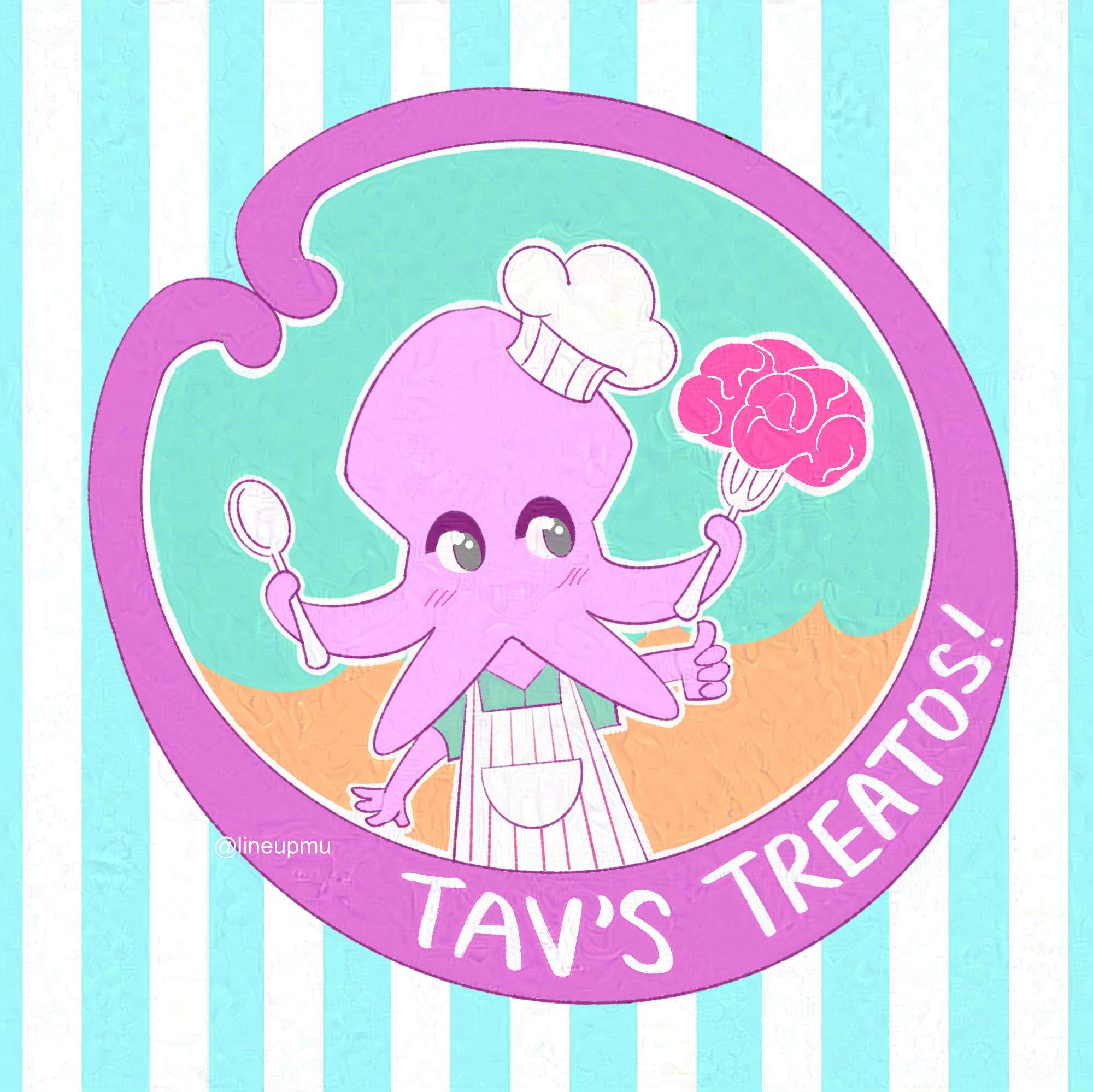 A very cute circle logo of Mindflayer Tav wearing an apron with a chef hat. They're holding up a spoon and fork, and there's a brain on the fork. 'Tav's Treatos' is labeled on the logo.