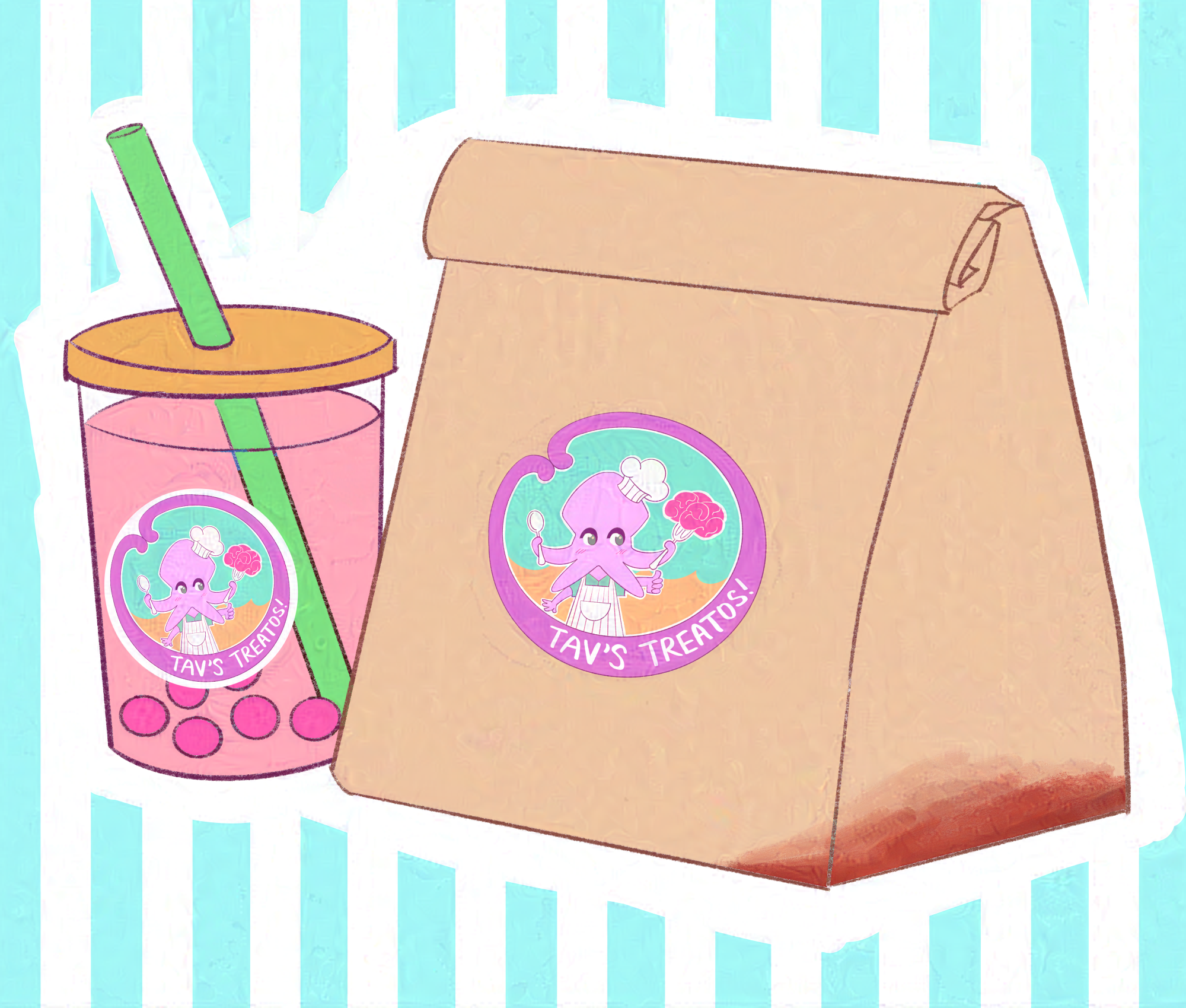 There's a pink bubble tea drink with red boba, and brown paper bag with the Tav's Treatos logo. The paper bag suspiciously has a red stain on its side.