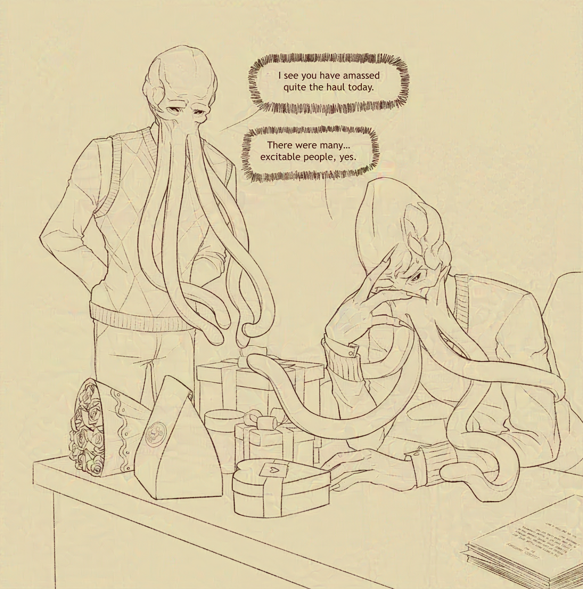 Two illithids (The Emperor and Omeluum) are dressed in modern office wear. The Emperor is sitting at its desk and has its head resting against its hand looking distressed, while Omeluum is standing next to it looking down amused at the multitude of presents on the desk. Omeluum: 'I see you have amassed quite the haul today.' Emperor: 'There were many... excitable people, yes.'