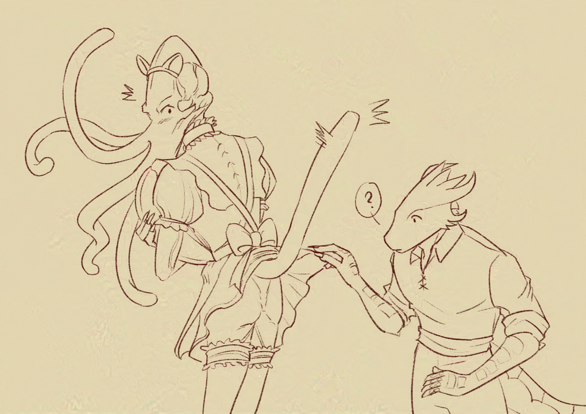 The Emperor is dressed up as a cat maid, in a very cute frilly maid outfit with cat ears. Daamric is lifting the back of the Emperor's skirt in confusion at the Emperor's tentacle cat tail. The Emperor looks back in shock.