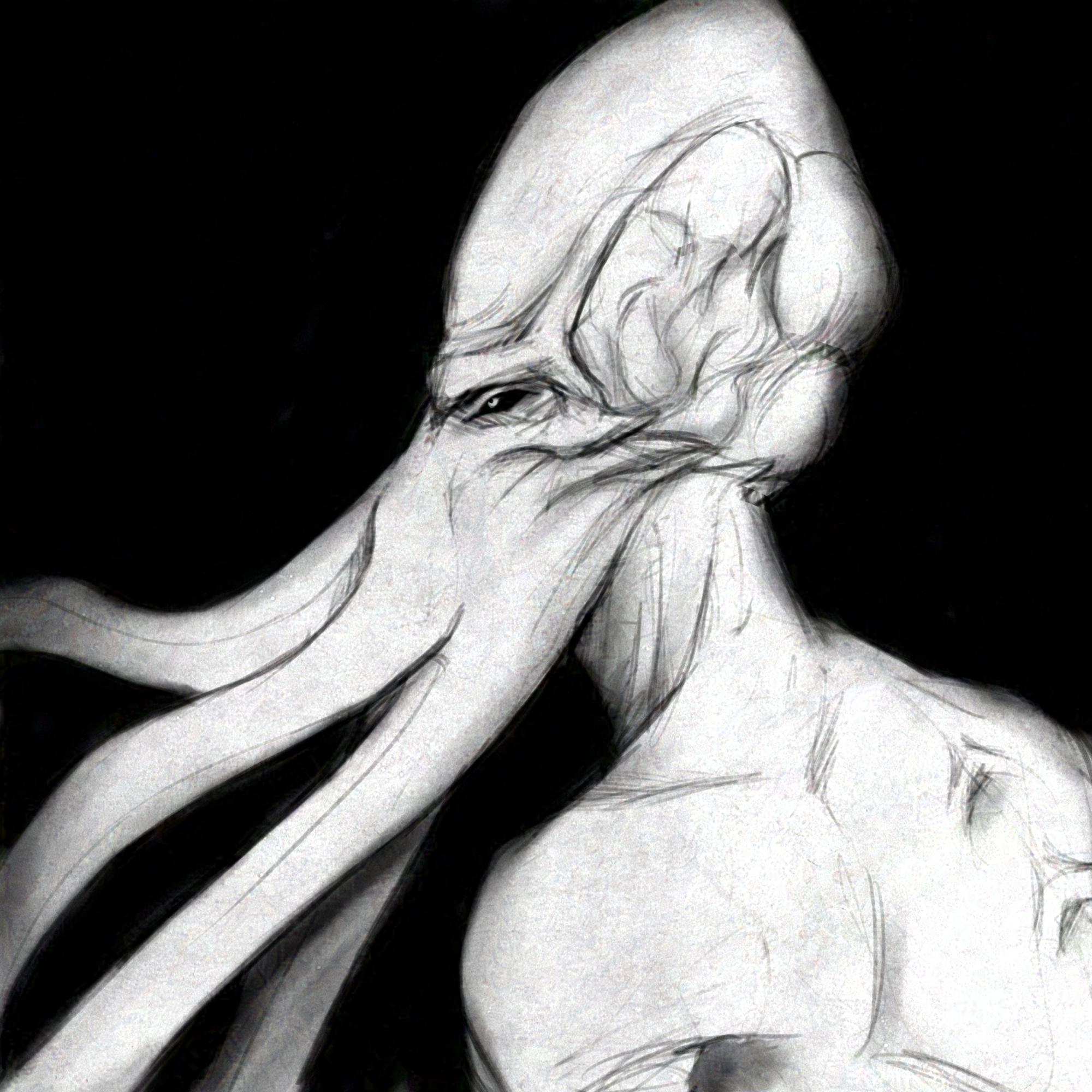 The second image of a five panel series. A side view of the Emperor (an illithid) against a completely dark background and shrouded in darkness. It's looking up slightly, presumably at the covered sun.