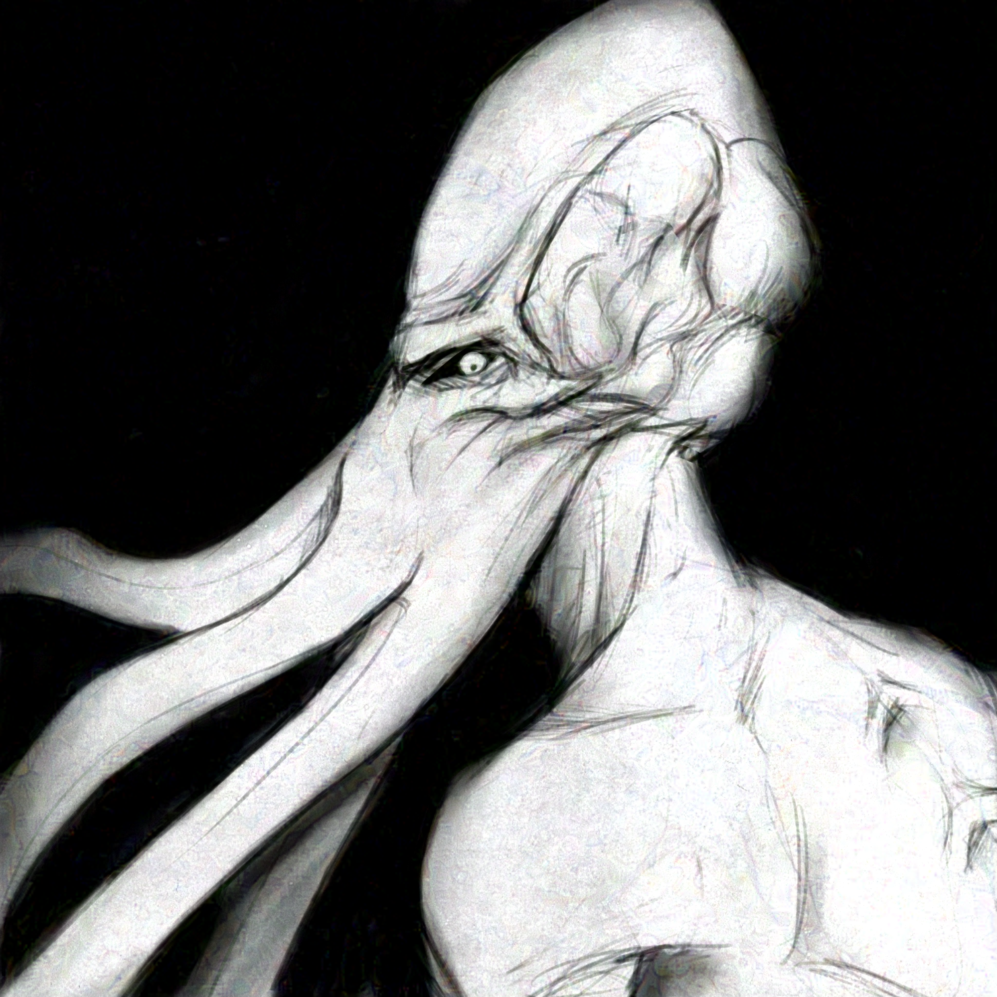 The third image of a five panel series. It's the same side view of the Emperor (an illithid) as before, but suddenly their eye has shifted to the side to directly look at you.