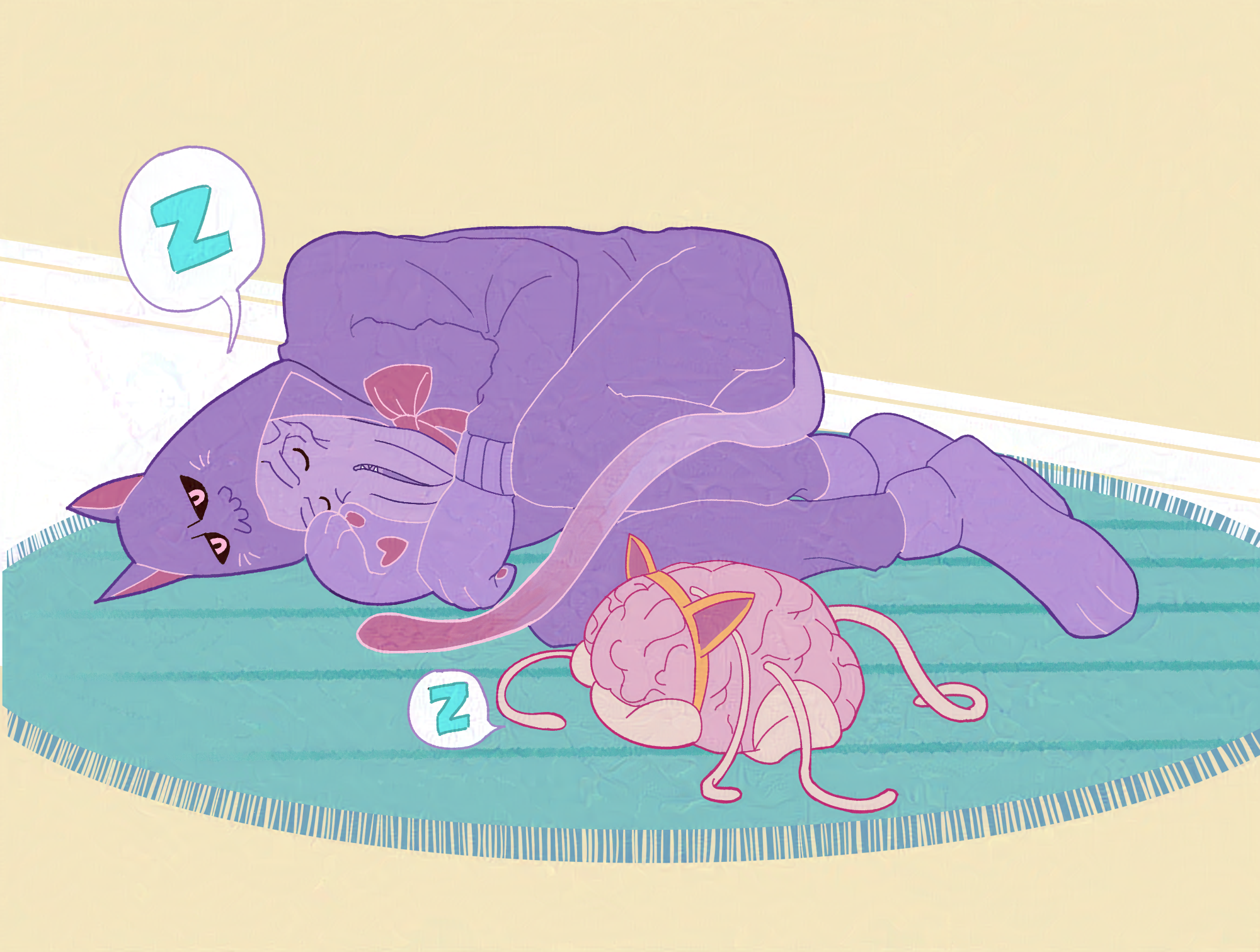 The Emperor is in a cute purple cat pajama oufit, curled up on a blue rug sleeping. It also has a tentacle tail that's curled up around it. Us (the intellect devourer) is wearing an orange cat headband and is also sleeping next to the Emperor.