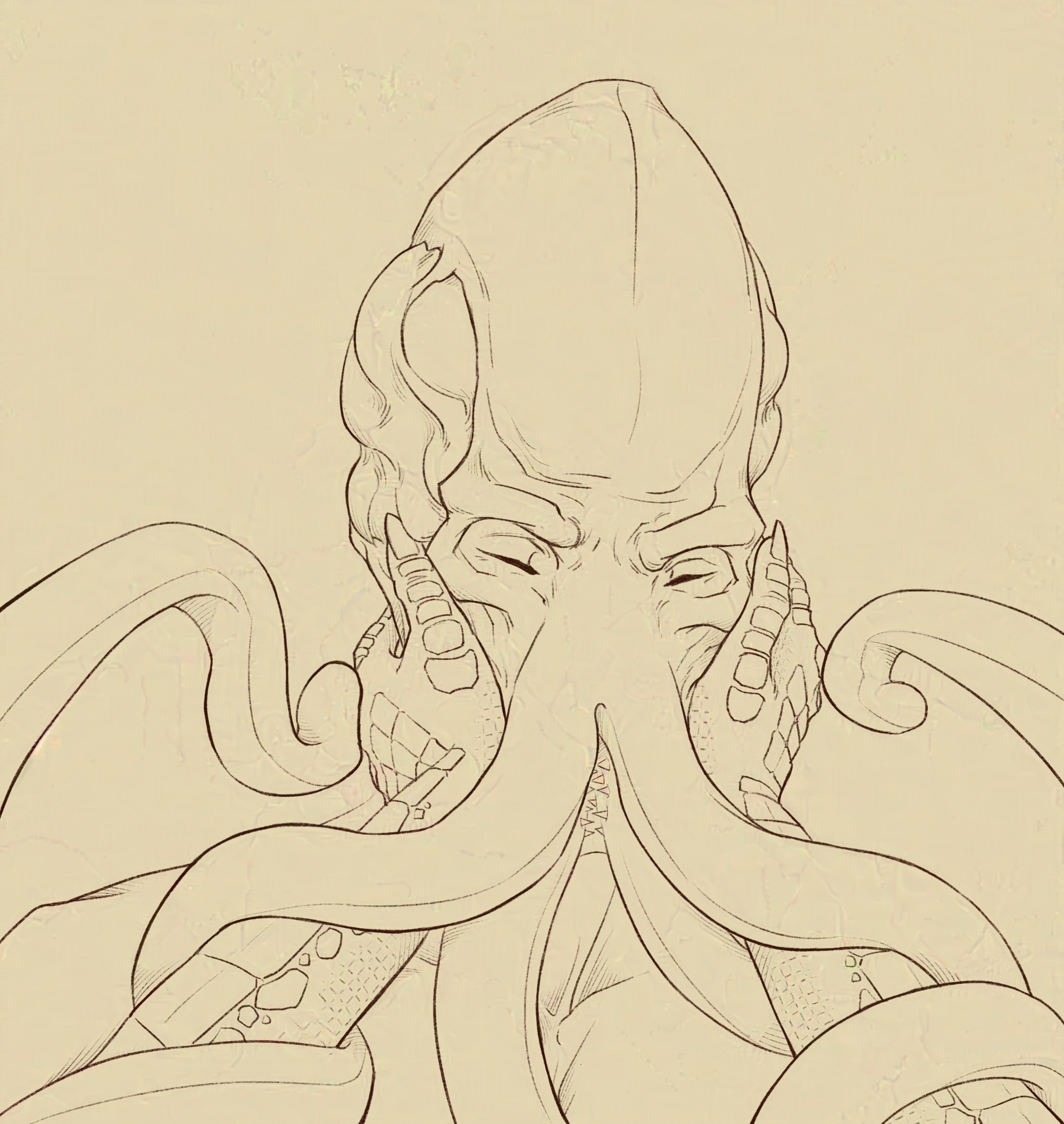 A close-up of the Emperor's face (an illithid), with its eyes closed and his expression soft and content, as its cheeks are gently held by a pair of Dragonborn hands. Its tentacles are wrapped around the Dragonborn's arms, and the tips of two tentacle are touching the hands on both sides respectively.