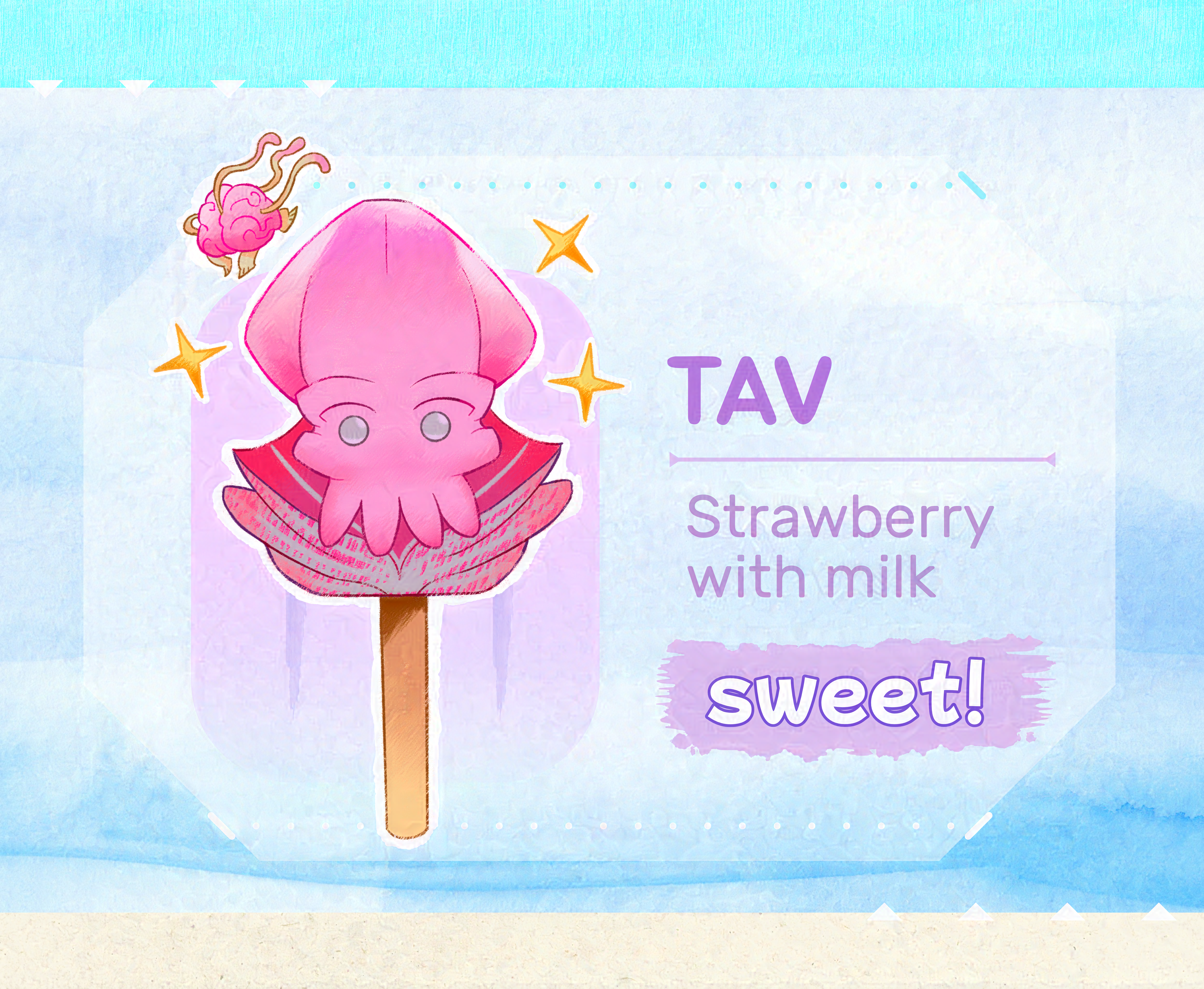 A close-up of the pink Tav popsicle. They're surrounded by an intellect devourer (Us), and sparkling star shapes. On their right are the words: 'Tav - strawberry with milk. Sweet!'