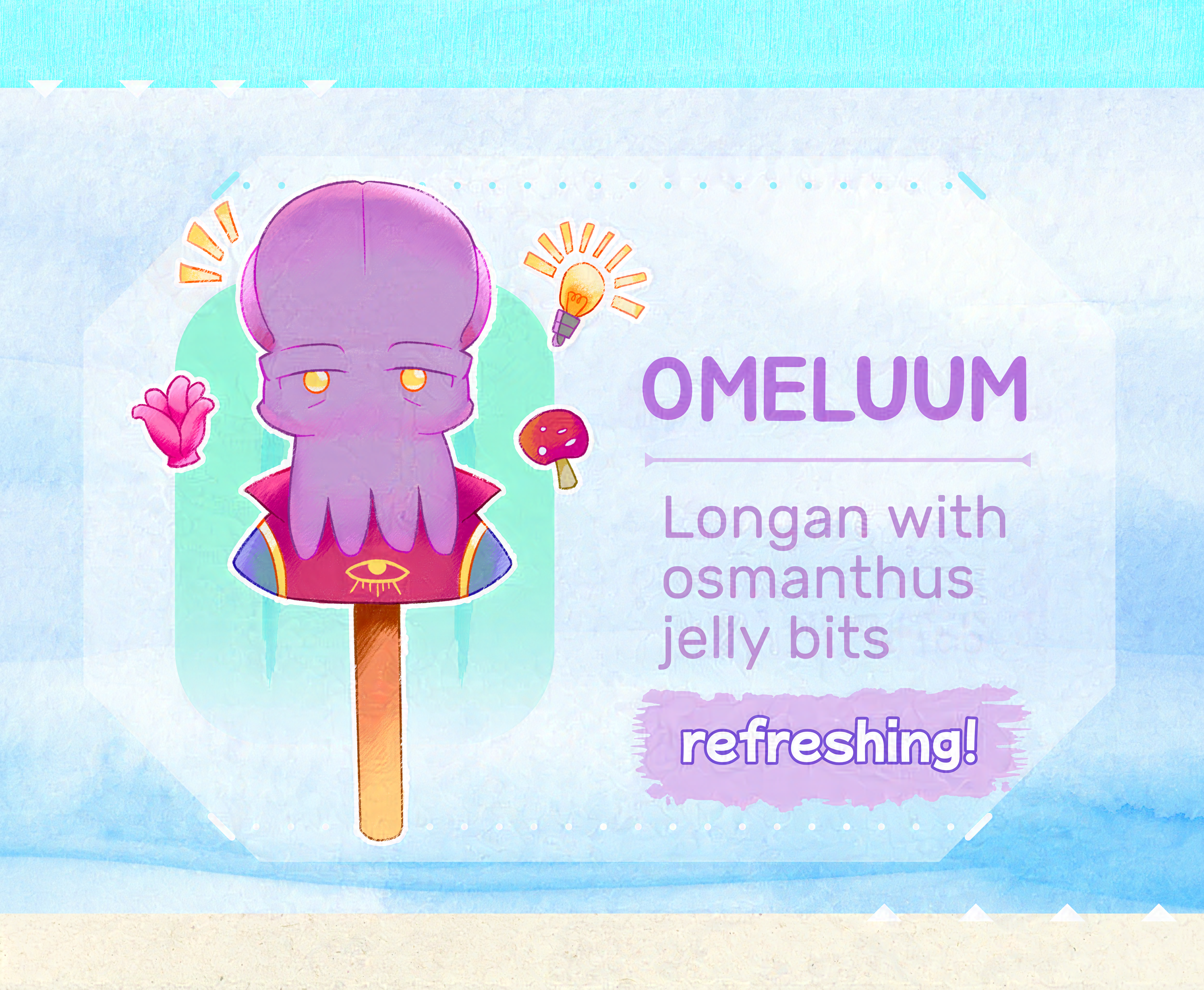 A close-up of the purple Omeluum popsicle, with a ice green round rectangle behind them. They're surrounded a red mushroom, a pink Tongue of Madness herb, a bright lightbulb, and three yellow rectangles next to his head to signify cheerfulness. On their right are the words: 'Omeluum - Longan with osmanthus jelly bits. Refreshing!'
