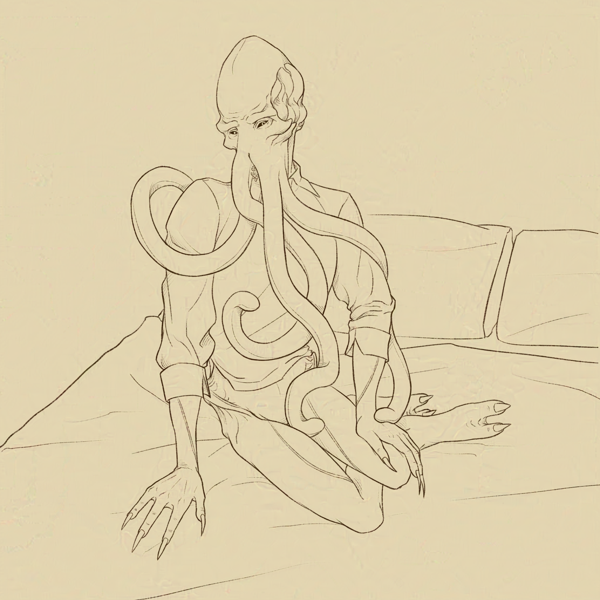 The Emperor (an illithid) is sitting on a bed with their legs swept to the side. They're only dressed in a short small shirt, and they look coy.