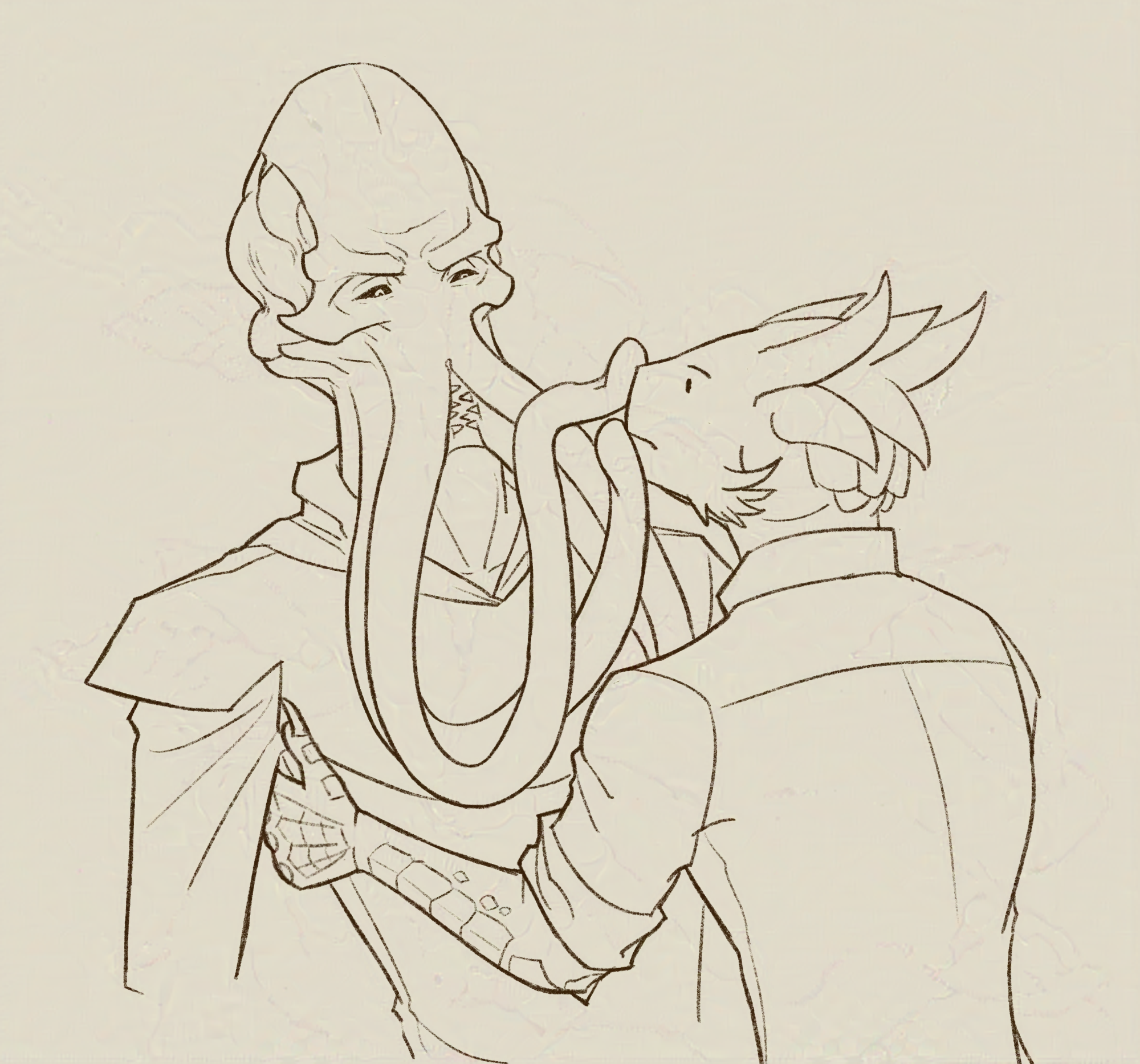 The Emperor (an illithid) is frowning and pushing away Daamric (a dragonborn) away with their tentacles as the latter is leaning in for a kiss.