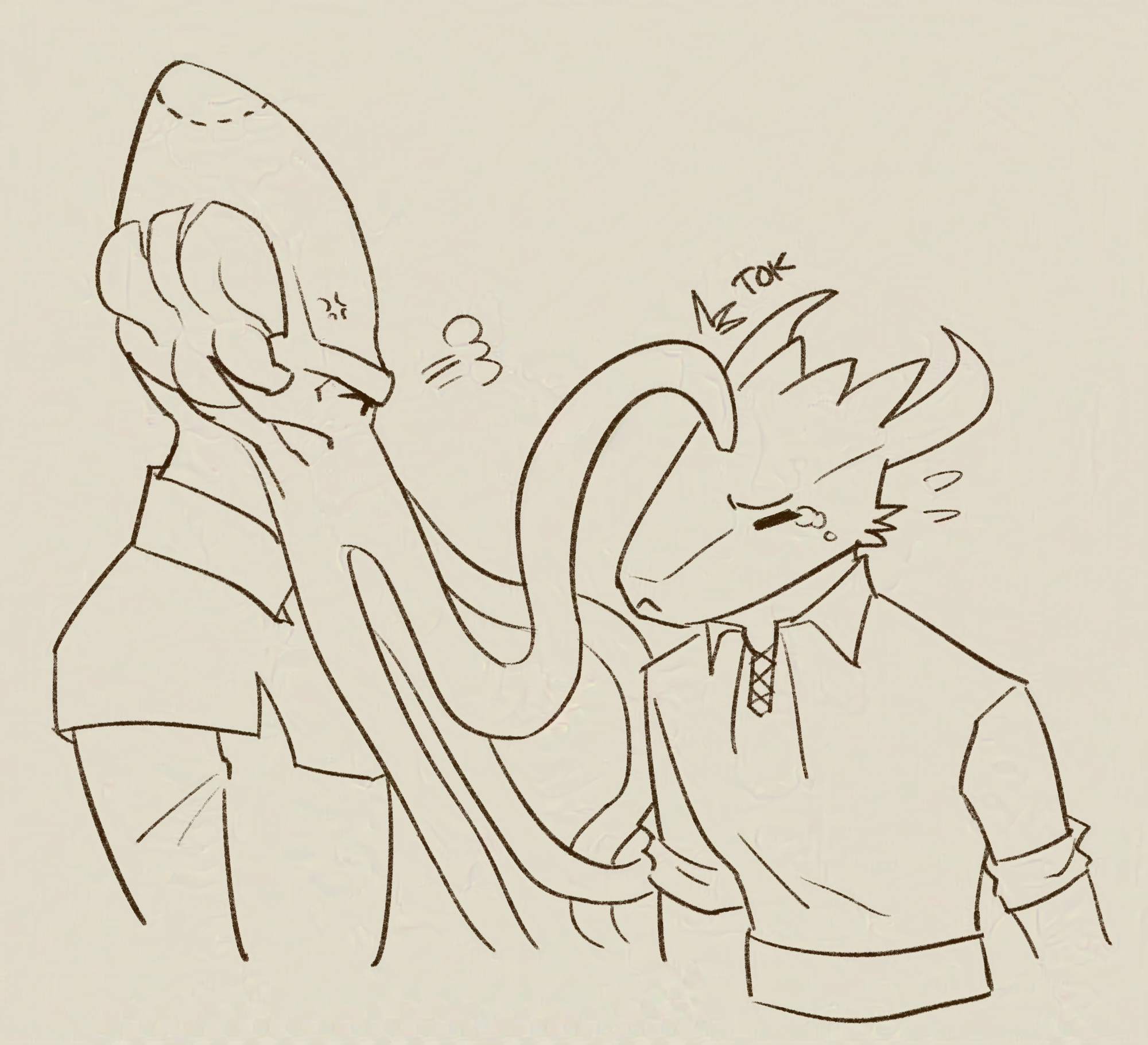 The Emperor (an illithid) is reprimanding Daamric (a dragonborn) by slapping a tentacle on the latter's head. The Emperor looks annoyed with a visible bite mark on the top of his head, and Daamric looks apologetic.