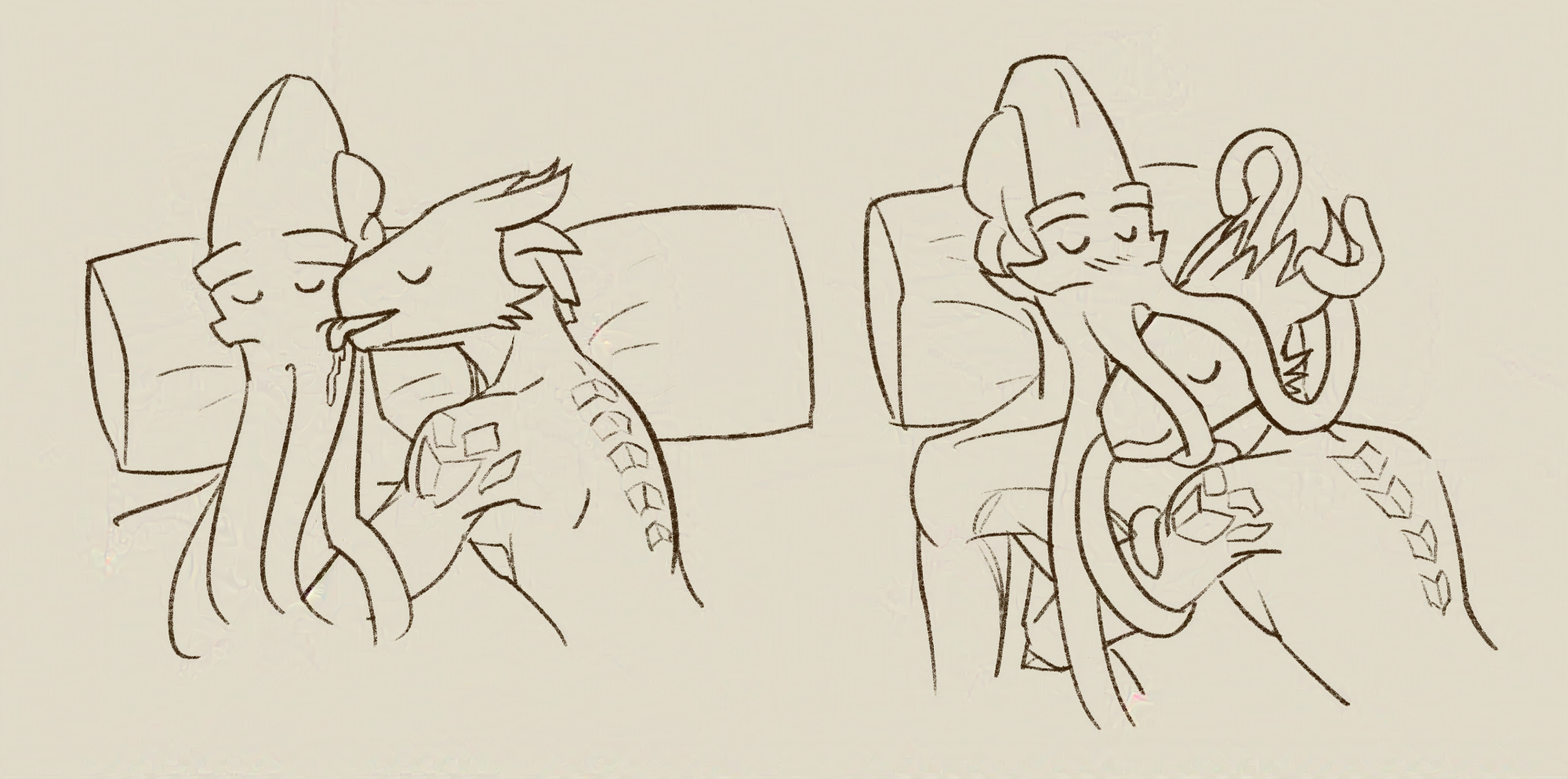 The Emperor (an illithid) and Daamric (a dragonborn) in various sleeping positions. The first sketch has Daamric drooling on the Emperor's cheek. The second sketch has Daamric sleeping on the Emperor's chest, while the Emperor's tentacles are happily wrapping around Daamric's head and horns.