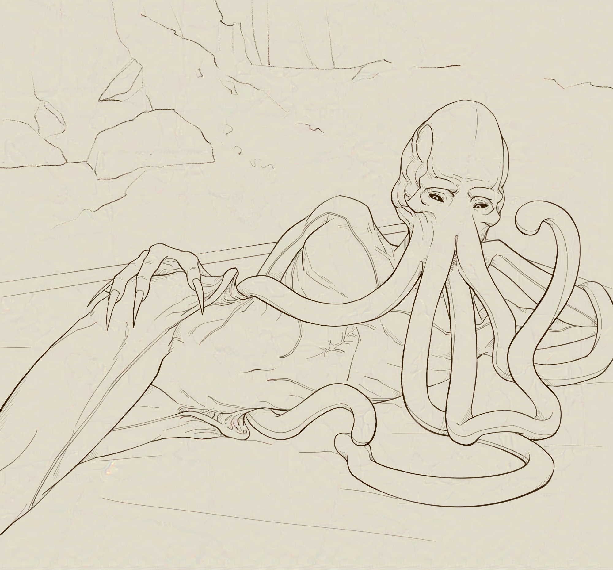 The Emperor (an illithid) is lying down on a rug at the astral plane. They look coy and inviting.