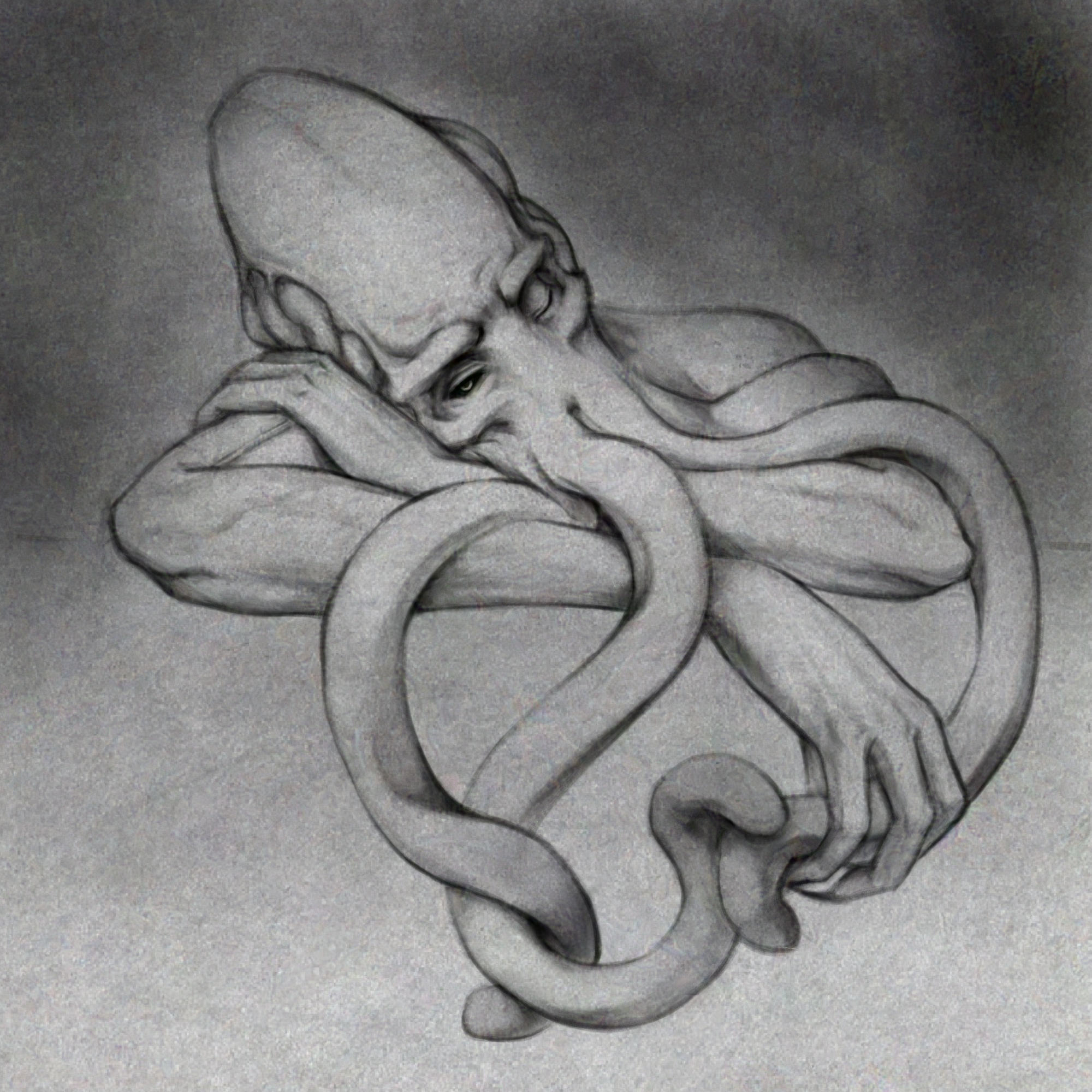 The Emperor (an illithid) is lounging on a flat surface, with their head, shoulders and arms only visible. They're resting their head to the left side on their arm, with one eye open looking at the viewer and the other eye closed. Their hand is holding one of their tentacles.