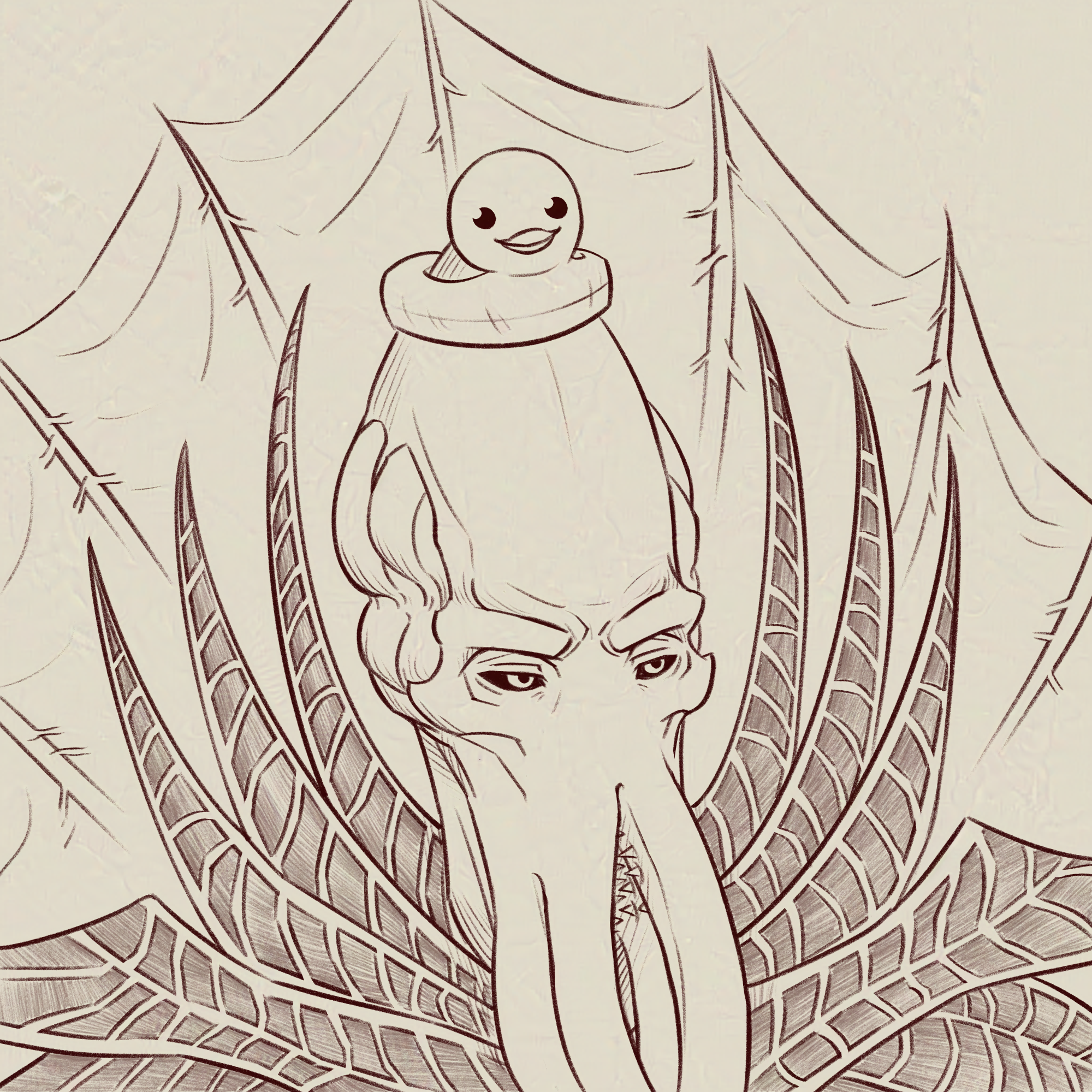 The Emperor (an illithid) has a small rubber duck float ring on top of their head. They have look unamused.