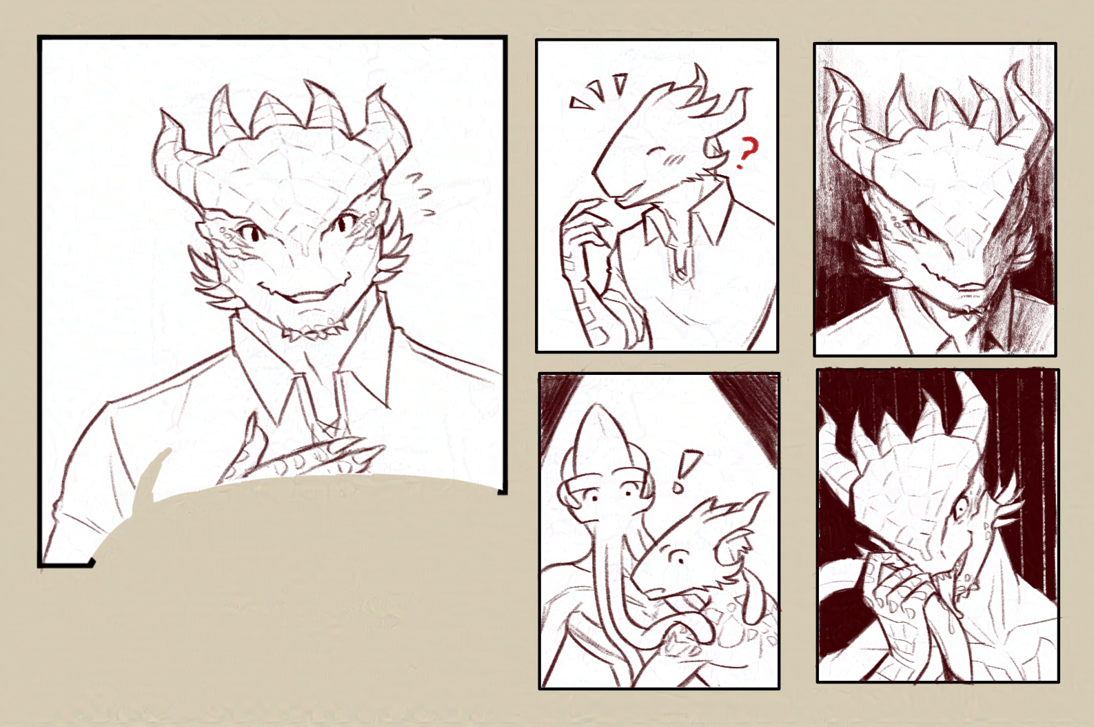 Various portrait drawings of Daamric (a Dragonborn). First image: He's introducing himself, almost bashfully. Second image: He's smiling, with his hand near his mouth. Third image: A scary, shadow filled close-up of his meanacing face. Fourth image: He and the Emperor are caught naked in a public place. Fifth image: A very yandare Daamric holding and licking a tentacle.