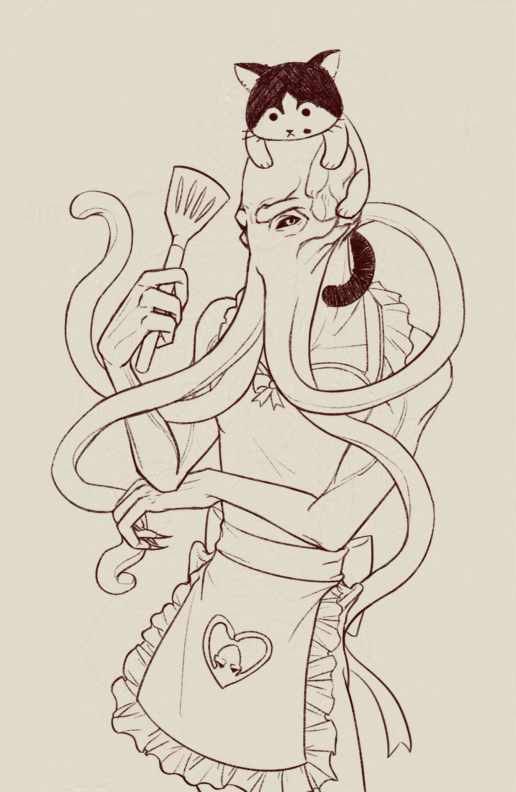 The Emperor (an illithid) is dressed in a frilly apron and holding up a kitchen spatula. A cat with a chubby face is sitting on top of the Emperor's head.