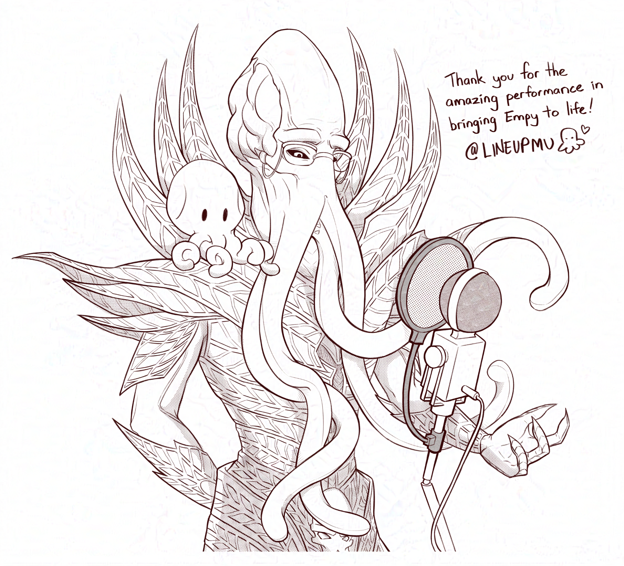 The Emperor (an illithid) is wearing spectacles with a little squid sitting on his shoulder. He's talking into a stand up microphone.