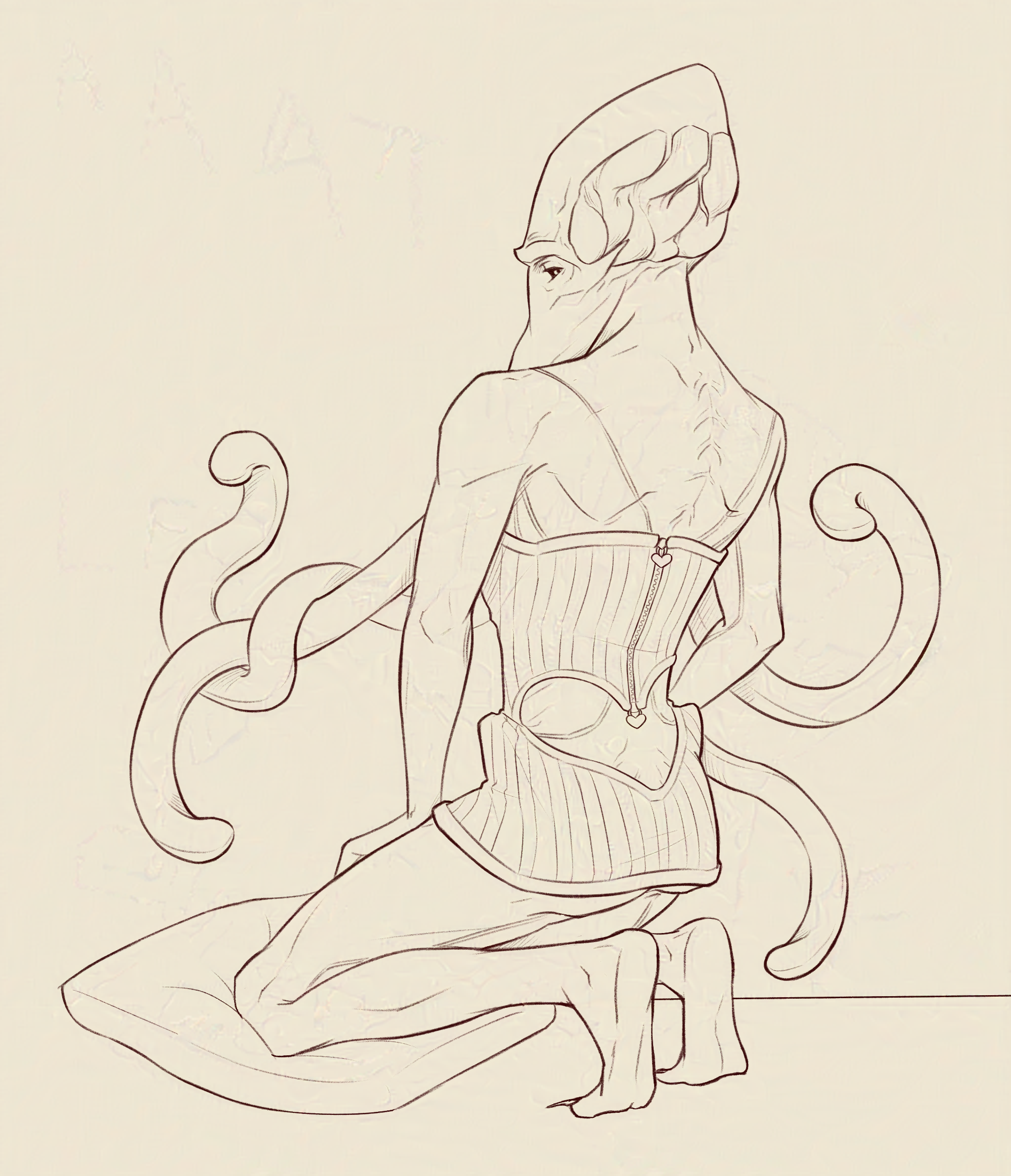 The Emperor (an illithid) is wearing a corset-like mini dress. He's kneeling on a cushion with his back mostly facing us, and he's looking at the viewer over his shoulder coyly.