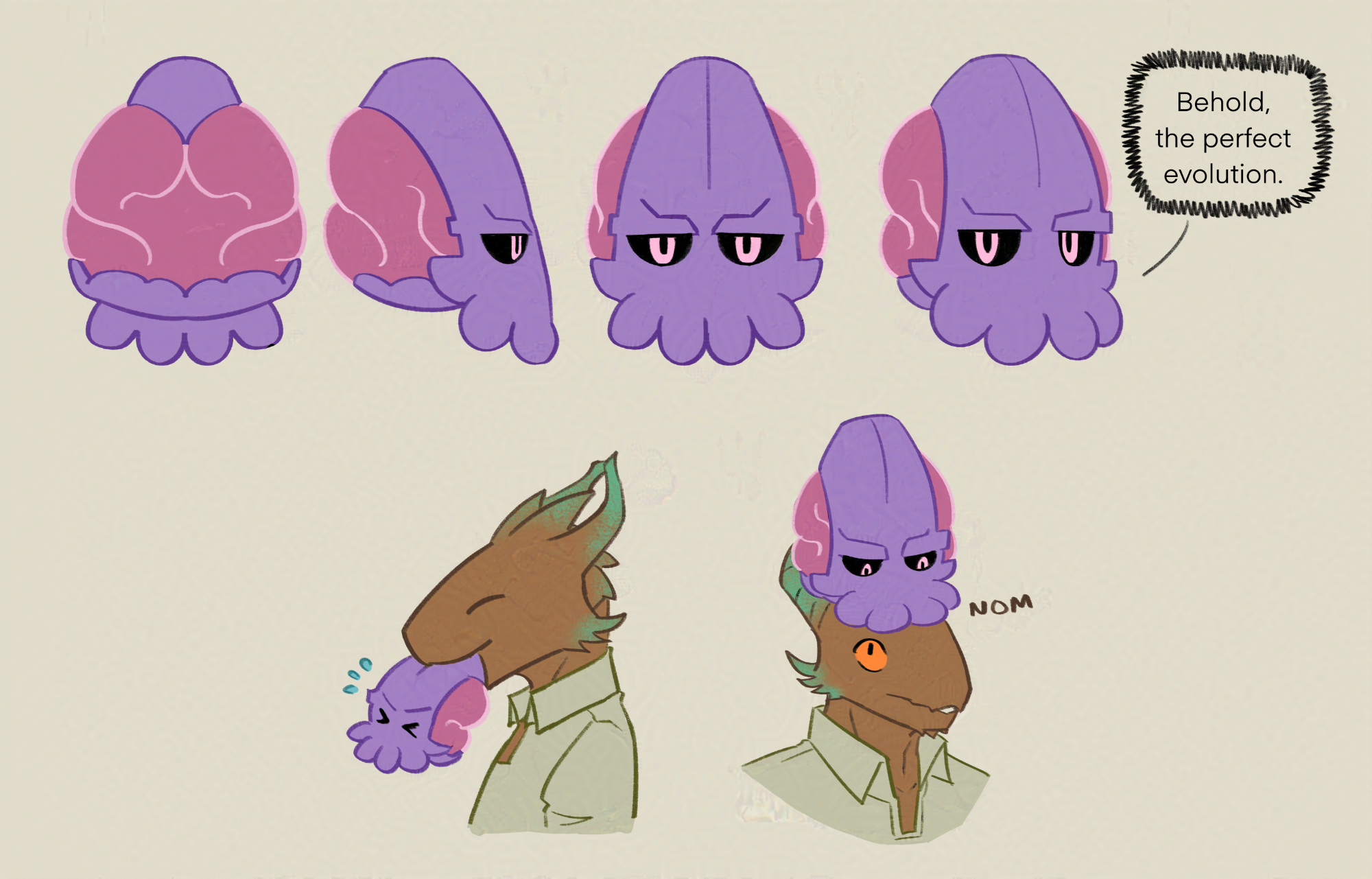 A turnaround reference sheet for the Emperor, but in small blorb form. Daamric is happily chewing on a flustered Emp blorbo, and another drawing shows Emp blorbo nibbling the top of Daamric's head who's surprised.