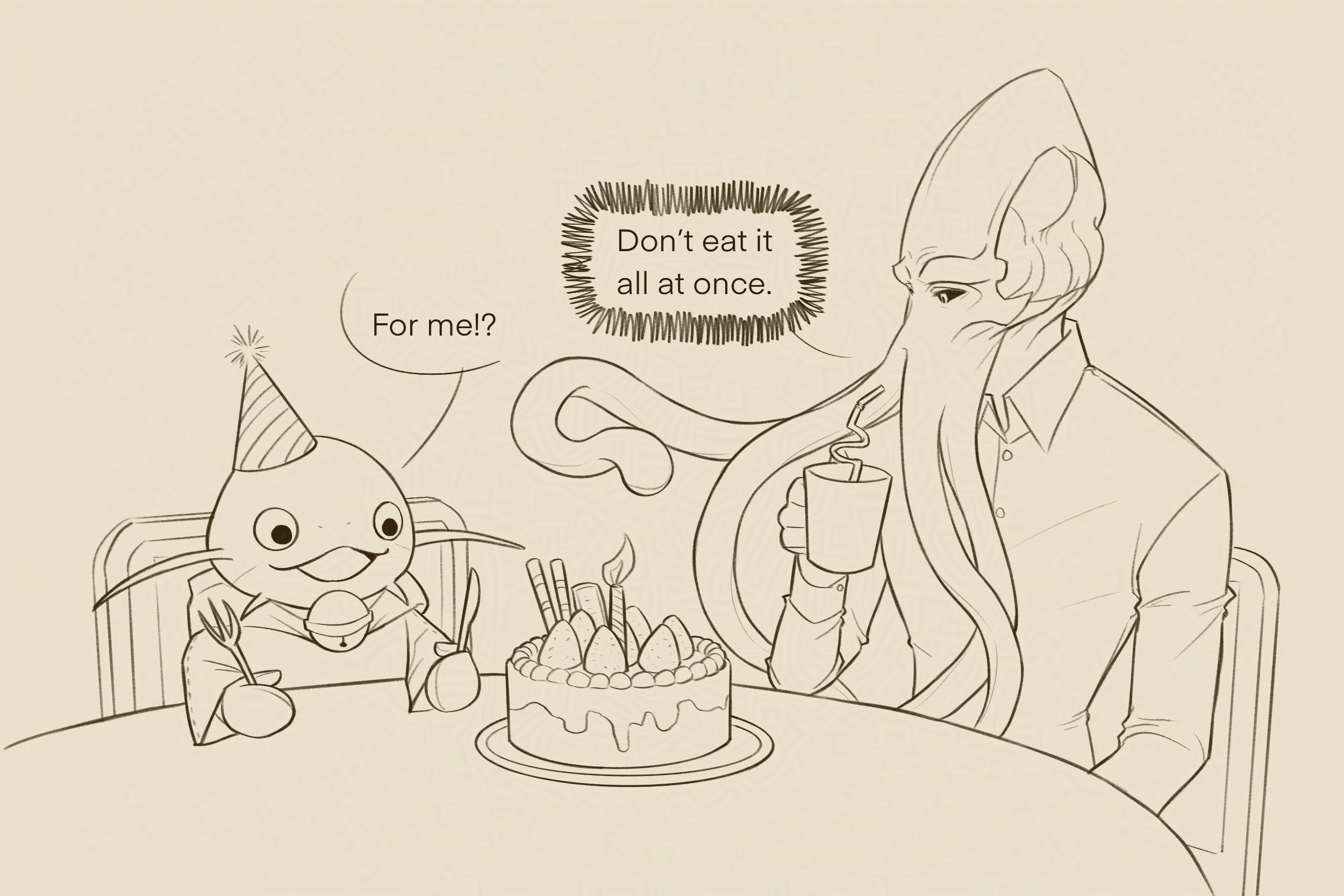 A namazu with a birthday hat is happy to see a big birthday cake ('For me!?'). The Emperor is sipping coffee through a straw next to them ('Don't eat it all at once.')