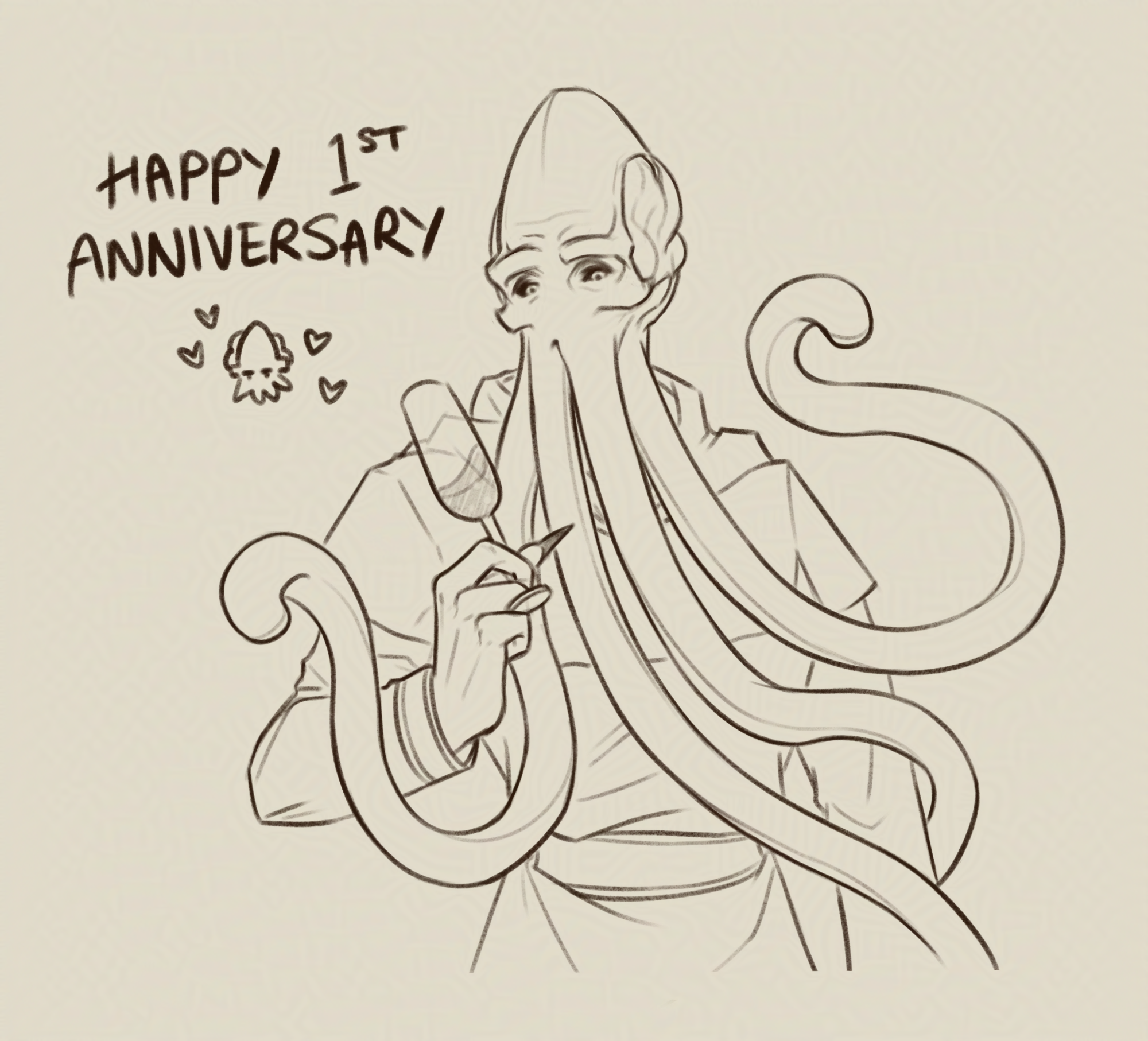 The Emperor (an illithid) is holding up a wine glass and dressed casually, with a relaxed expression on his face. The text reads: 'Happy 1st anniversary'.