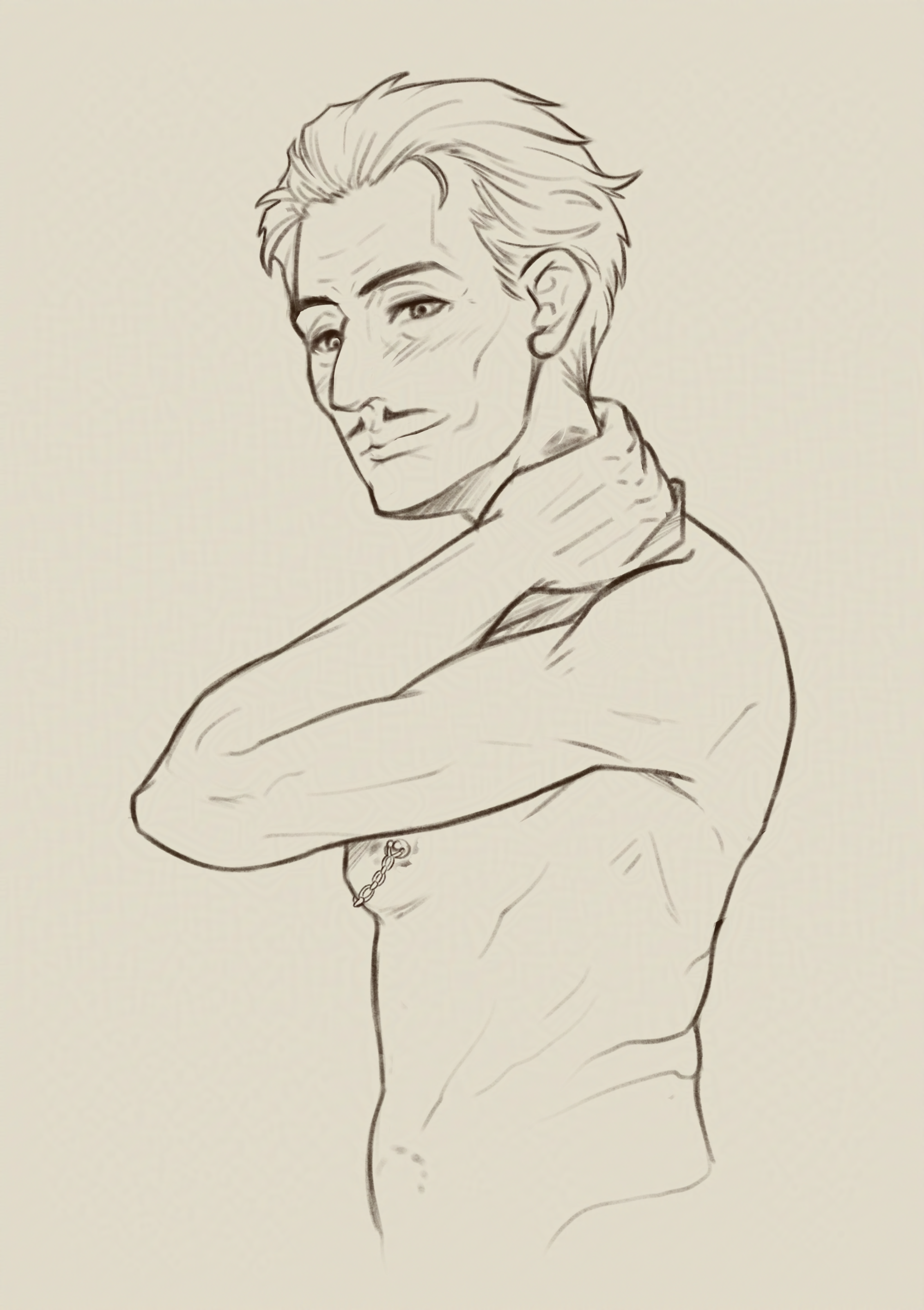 Emmrich is topless and holding a hand to his neck, almost covering a bite mark. He's blushing lightly and smiling.