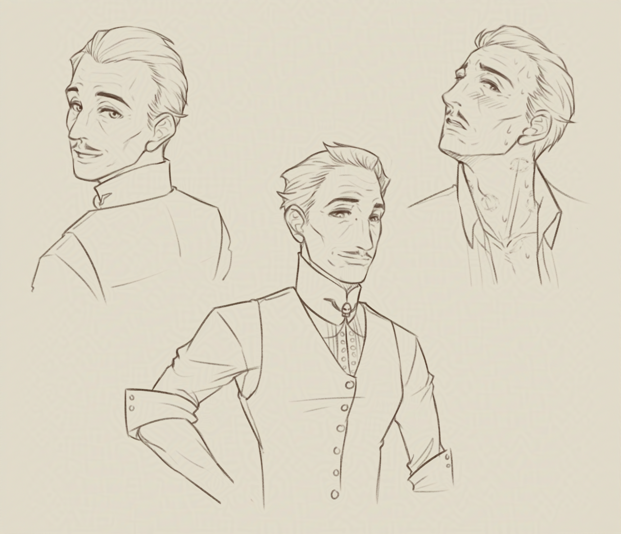 Various portrait drawings of Emmrich. The top left portrait has Emmrich looking over his shoulder smiling. The top right portrait is Emmrich blushing, his head tilted up with his neck exposed with bite marks. In the middle, it's a waist up shot of Emmrich smiling.