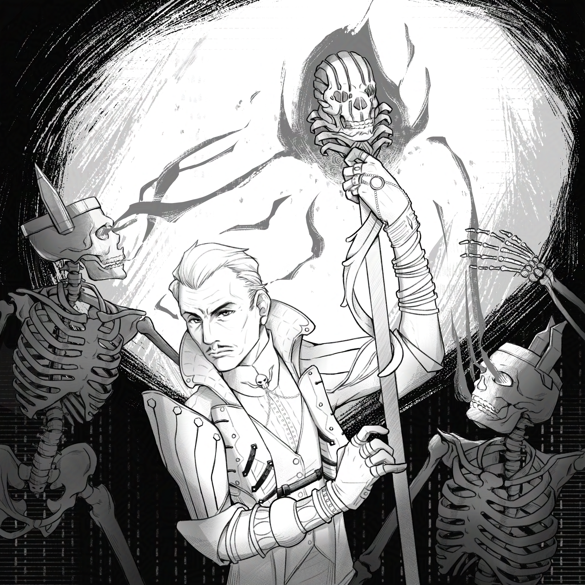 A monochrome shaded drawing of Emmrich holding up his staff against a bright circle of light. Wisps of magic from two skeletons at his side including himself are drawn to his staff's focus.