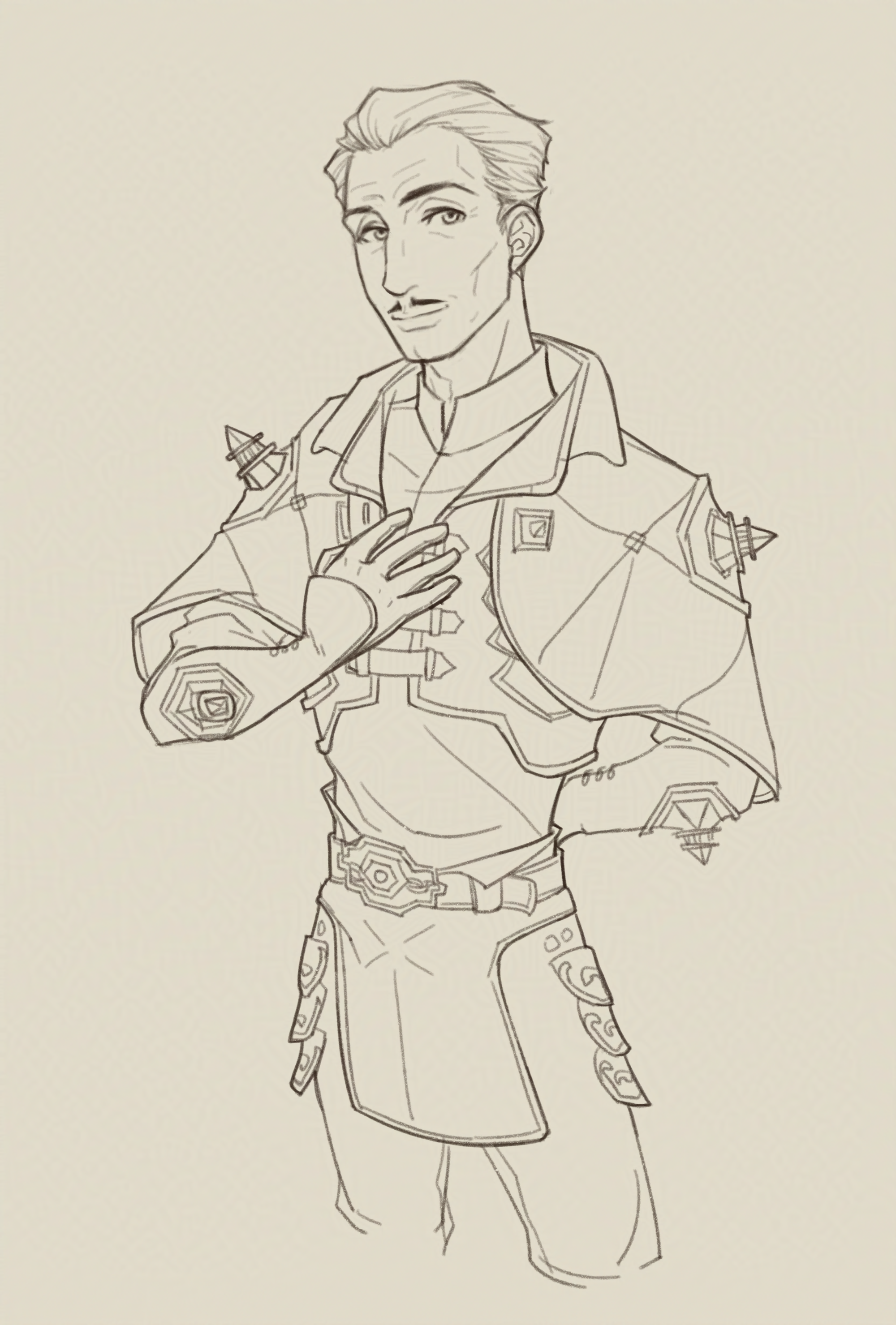 Emmrich is stands tall, with a hand on his chest and the other arm tucked behind him. It's almost as though he's showing off his Mournwatch uniform.