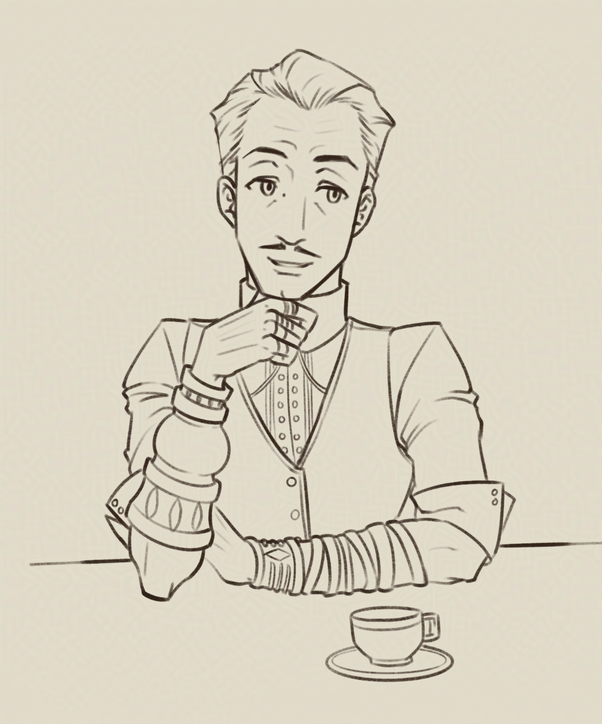 A more simplified drawing of Emmrich resting on the knuckles of his right hand, as he's looking off at the side. A teacup is set in front of him.