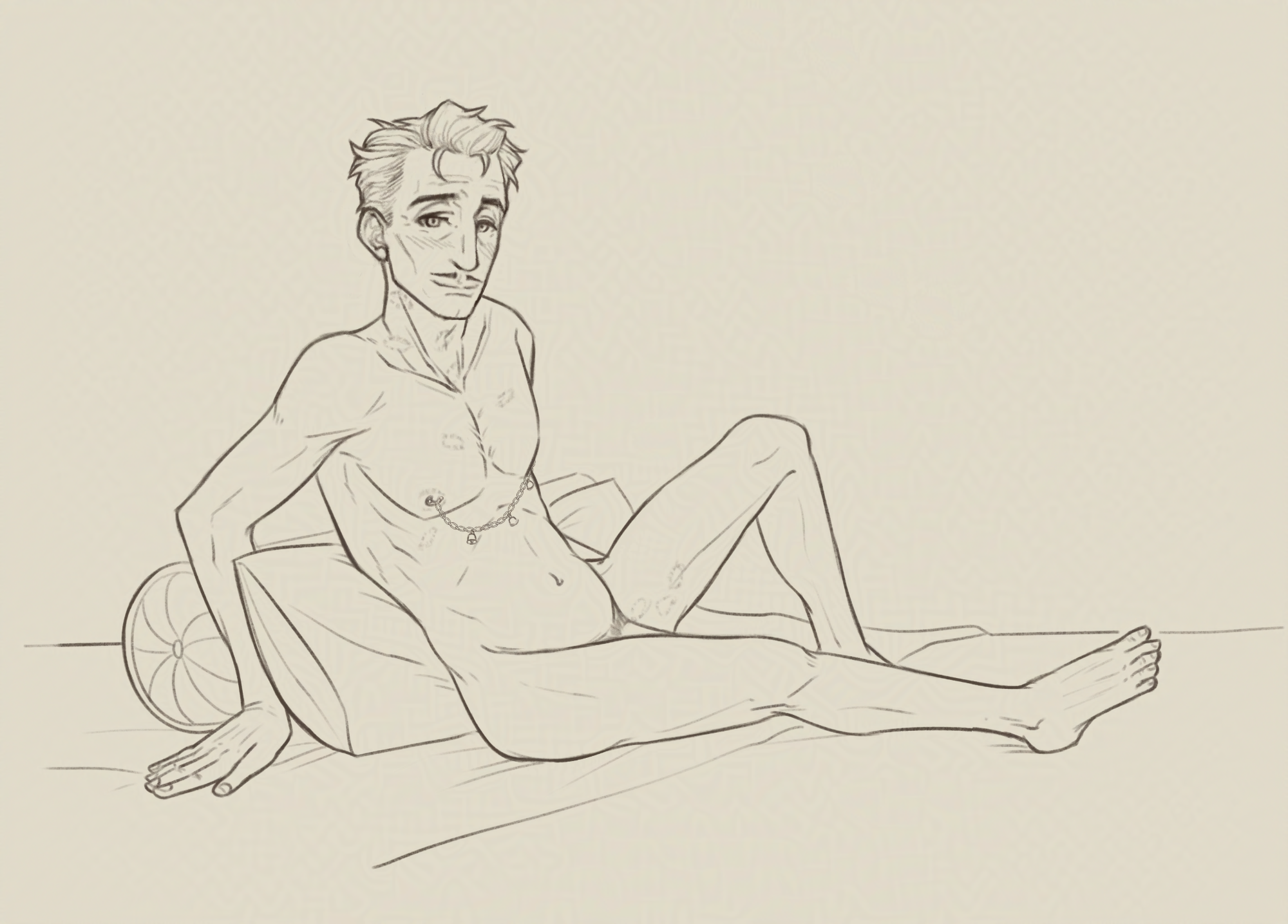 Emmrich is nude and is leaning against pillows. He's smiling as he blushes with affectionate eyes. He has bite marks all over, and he's wearing a nipple chain.