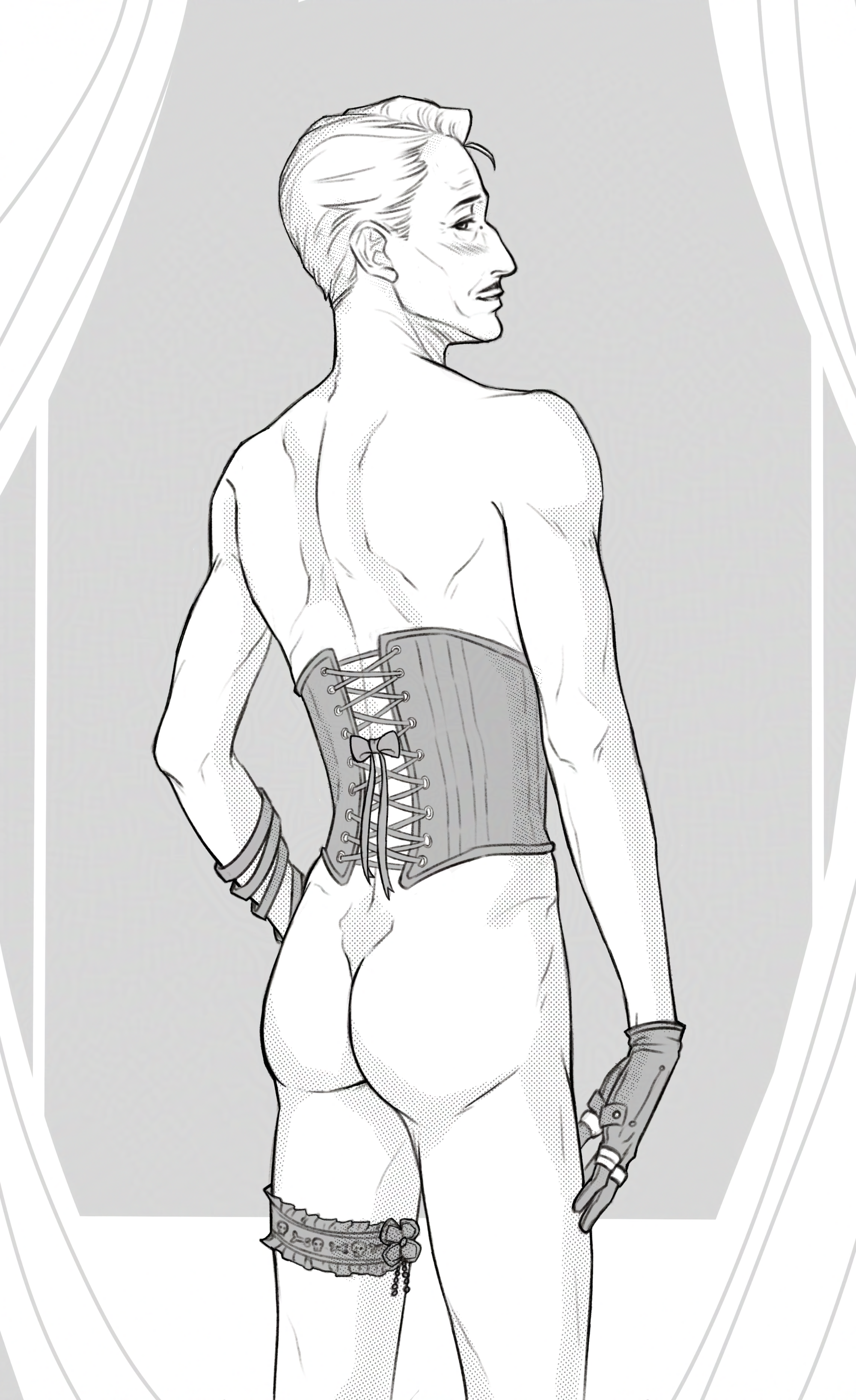 Emmrich is wearing a corset with his back facing us. He's also looking at us with his head to the side. He's wearing bracelets, his glove, and a garter on his left leg.