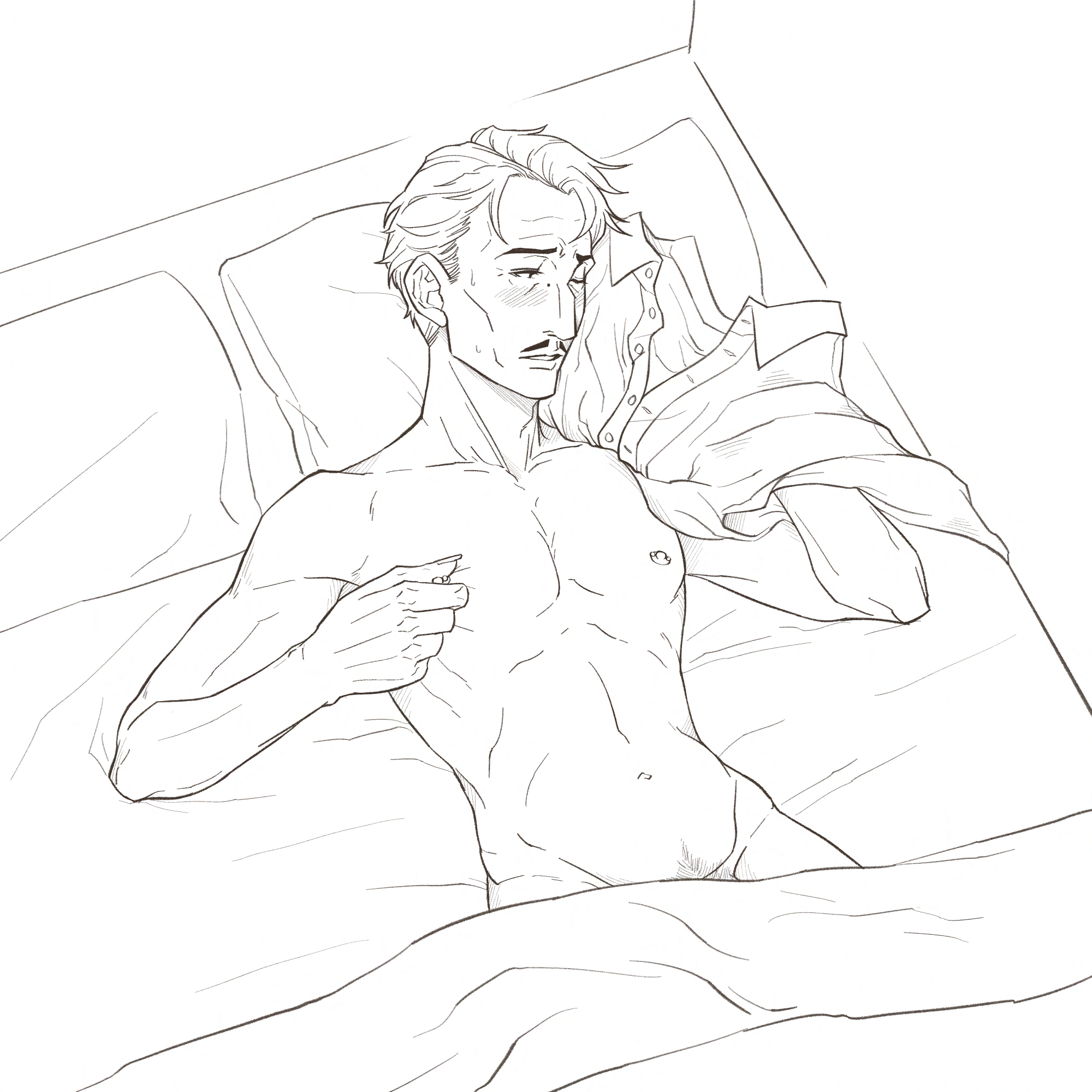 Emmrich is nude in bed, holding Rook's shirt next to his flushed face as he pinches his nipple.