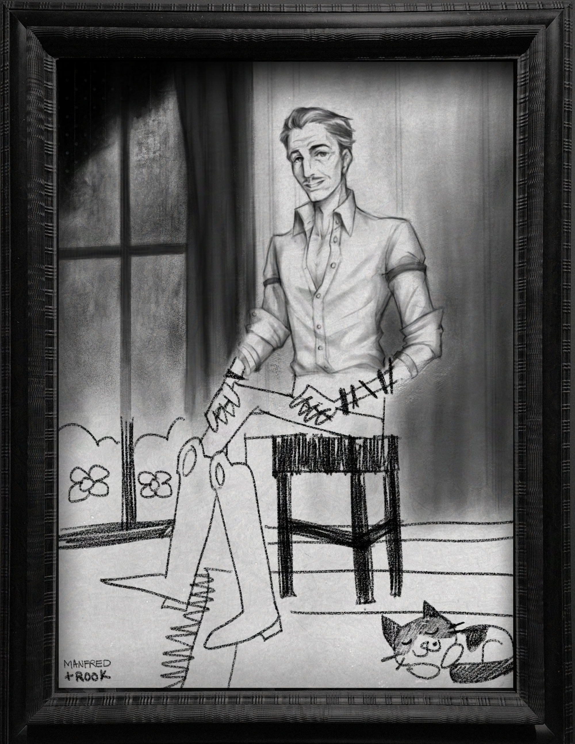 An informal portrait of Emmrich. He's sitting on a stool, his legs elegantly crossed as he gently smiles. A cat is sleeping nearby. The top half is artistically rendered in charcoal, and the bottom half is rendered in pencil like it was done by a beginner.