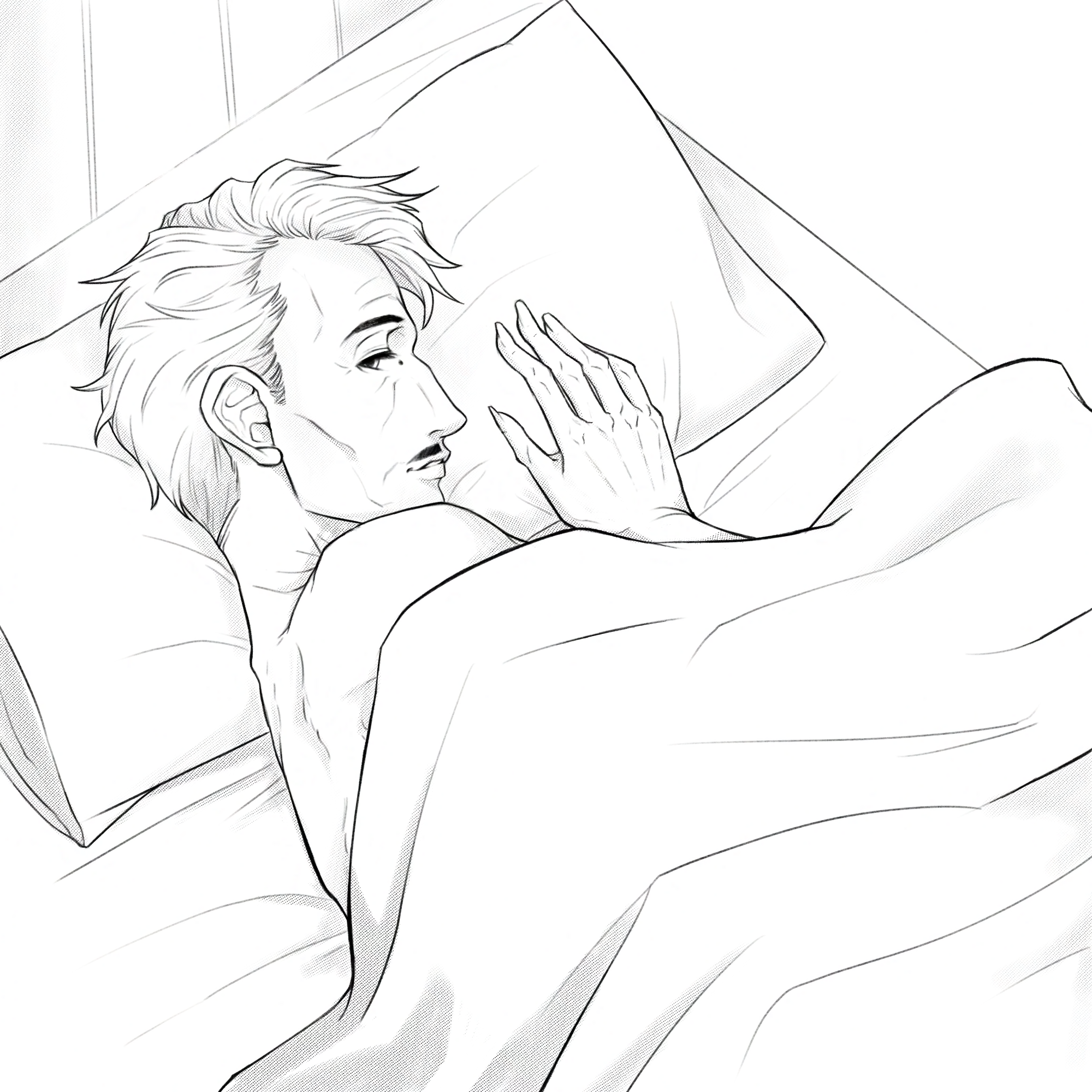 Emmrich is lying sideways in bed and looks sleepy, his half hooded eyes looking warmly at you. His hair is loose. The blanket slips down his bare back.